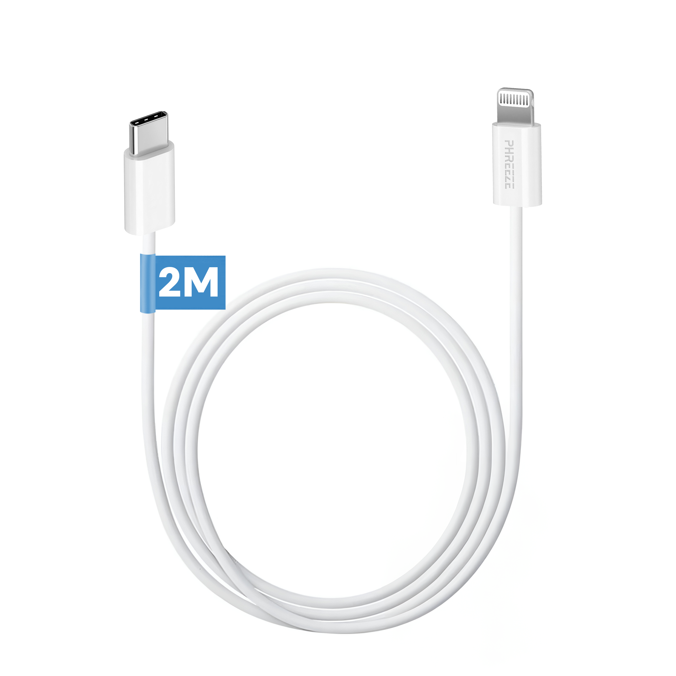 Een witte oplaadkabel met een USB-C- en een Lightning-connector. De kabel is gemarkeerd met '2M'.