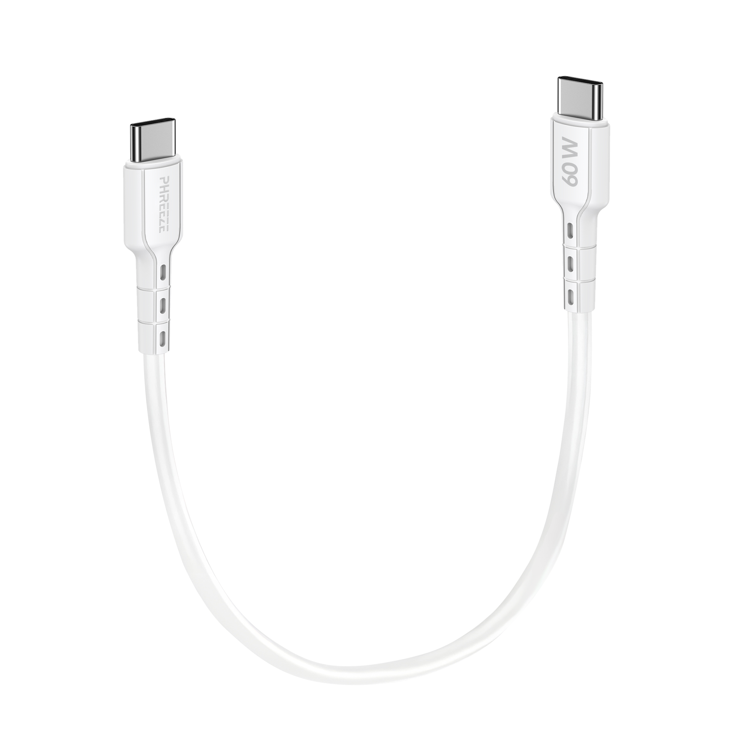 Een witte USB-C oplaadkabel, met twee connectoren, elk met een zilveren punt, verbonden door een gebogen witte kabel op witte achtergrond.