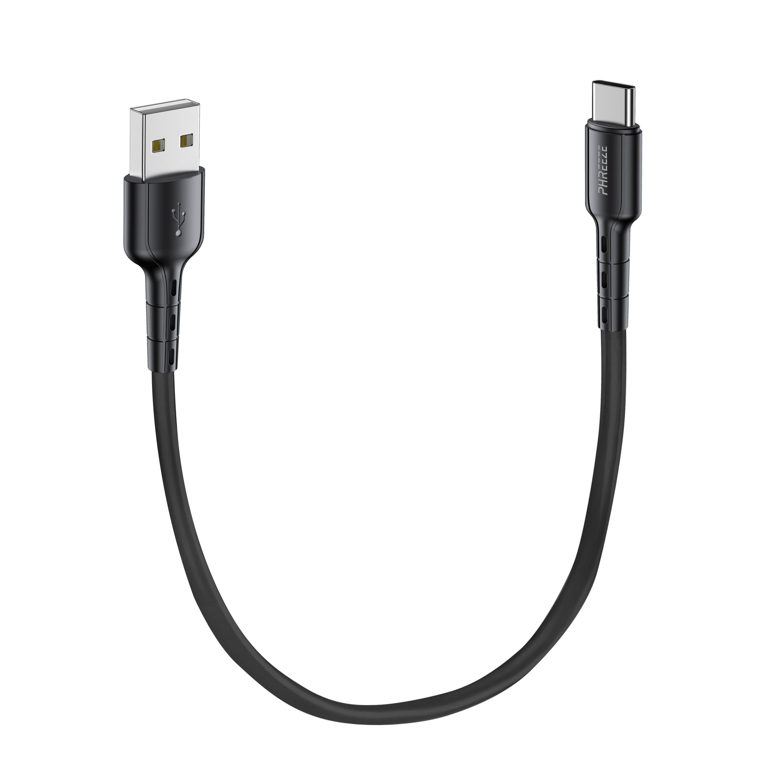 Een zwarte USB naar USB-C kabel. Het USB-uiteinde is zilver, en het USB-C uiteinde heeft de merknaam 'PHREEZEE'.