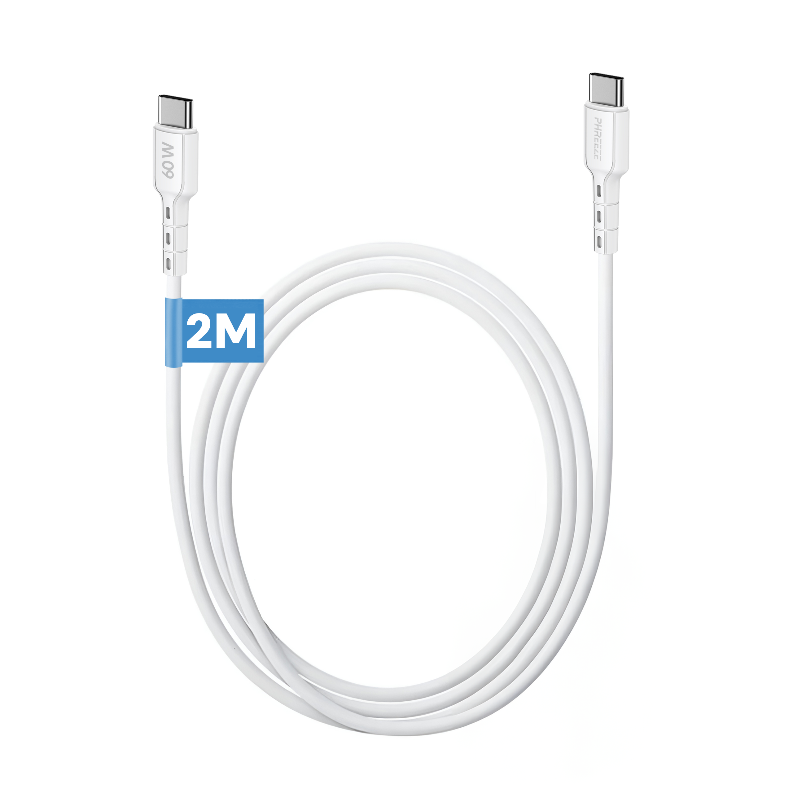 Een witte USB-C oplaadkabel met 60W, 2 meter lang, met witte uiteinden en een blauw 2M label.