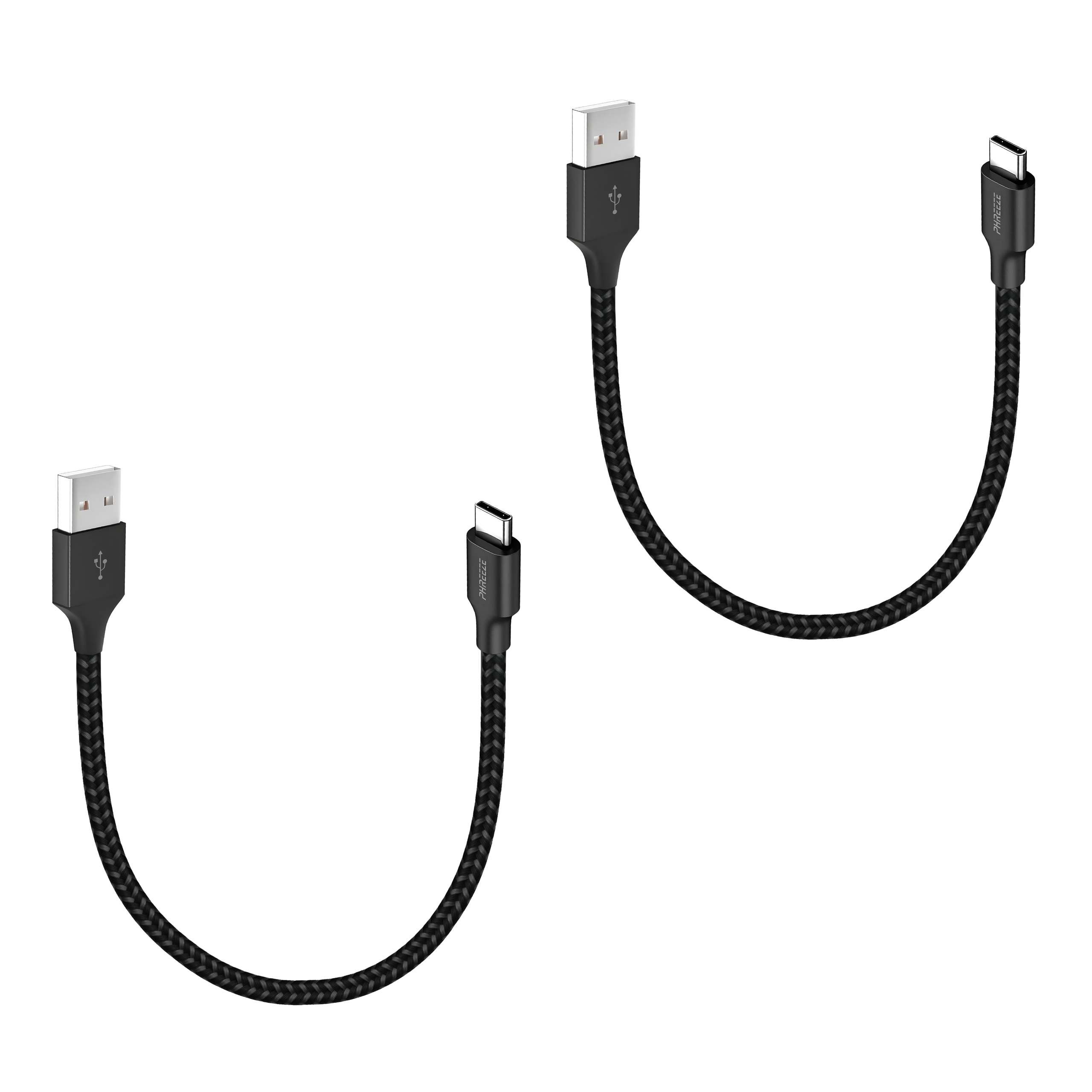 Twee zwarte USB-kabels met gevlochten design. Eén heeft USB-A, de andere USB-C connectoren, op een witte achtergrond.