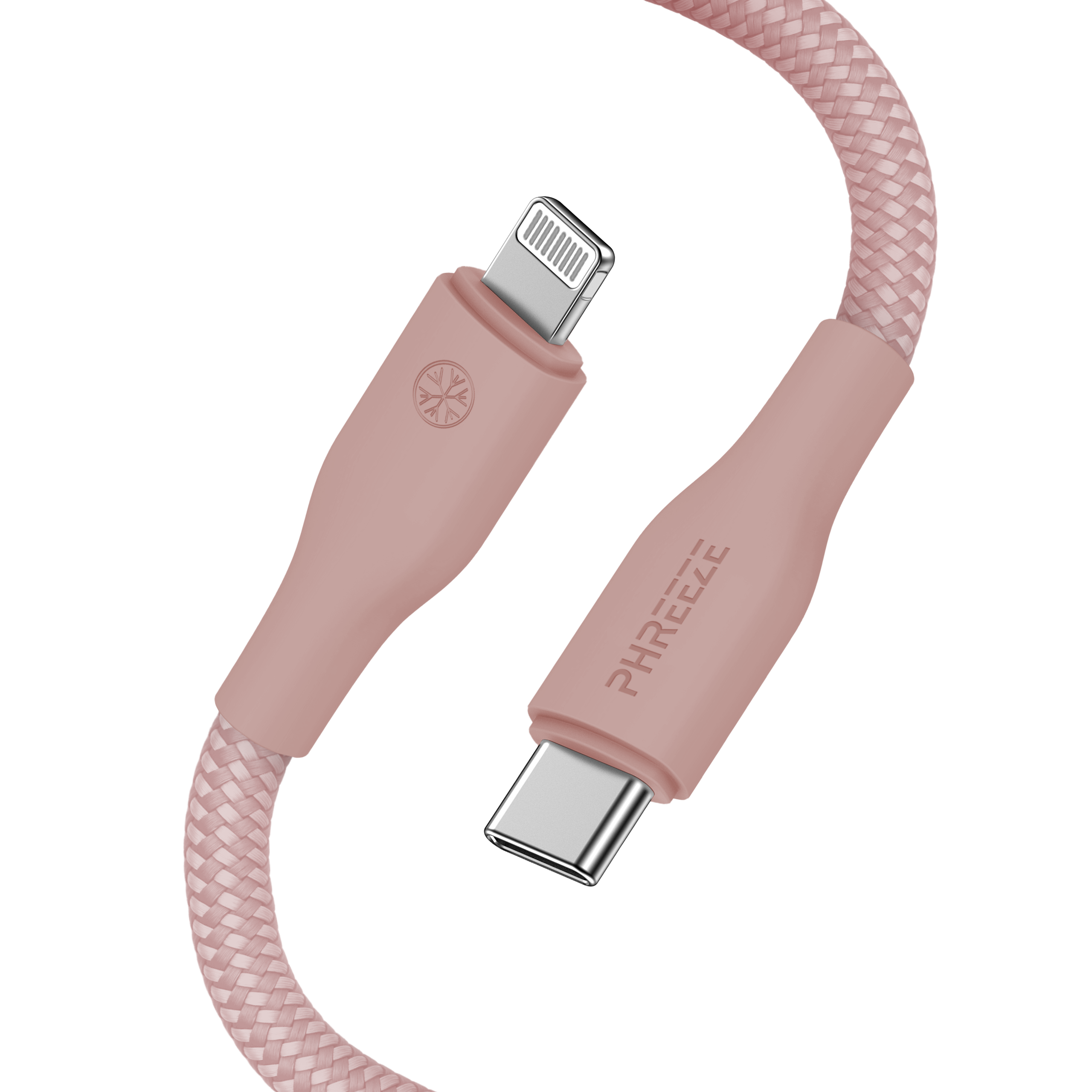 Een roze gevlochten oplaadkabel met een Lightning-connector en een USB-C-connector op een witte achtergrond.