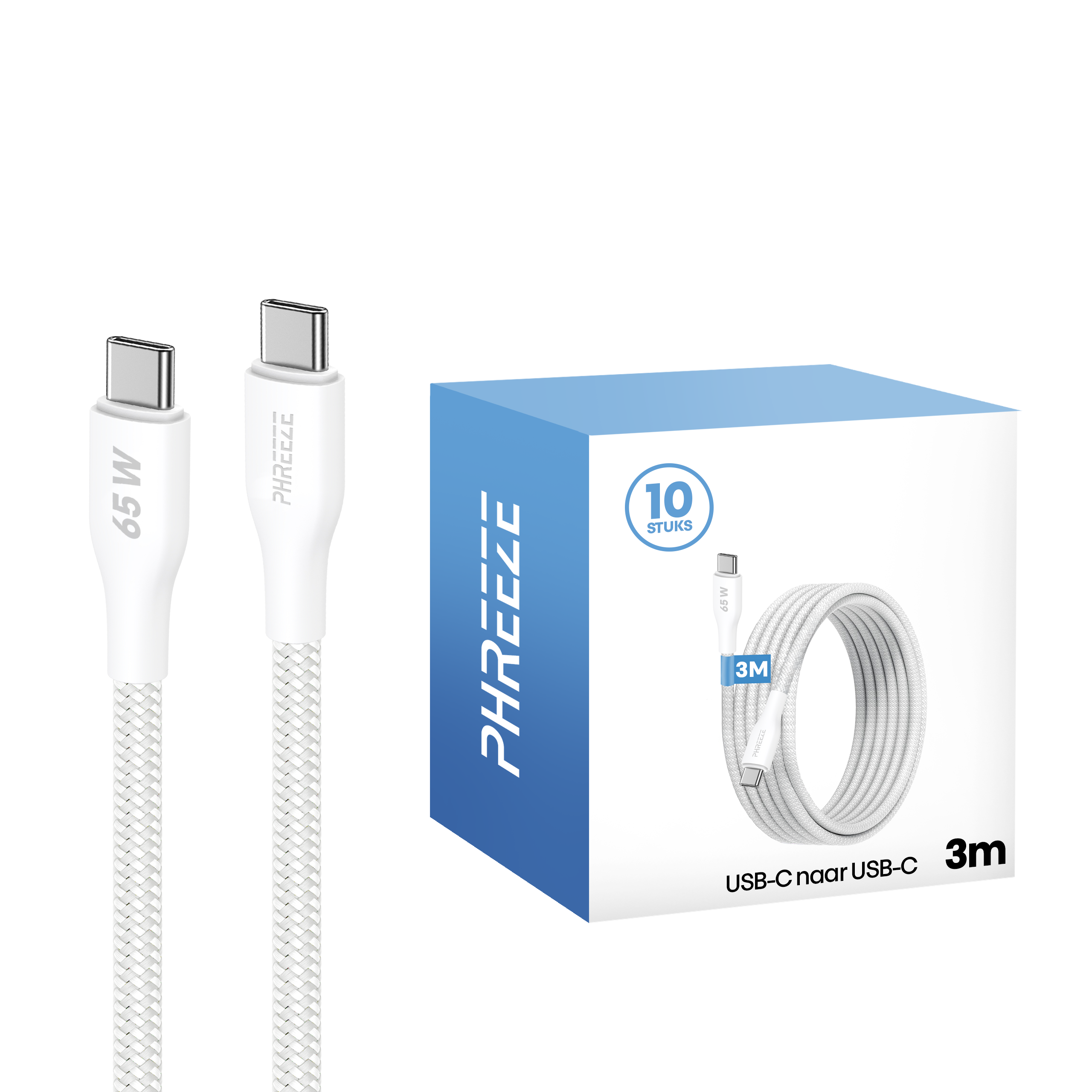 Twee witte USB-C-kabels en een blauwe doos met een USB-C-kabel. De kabels zijn 65W en 3m lang.
