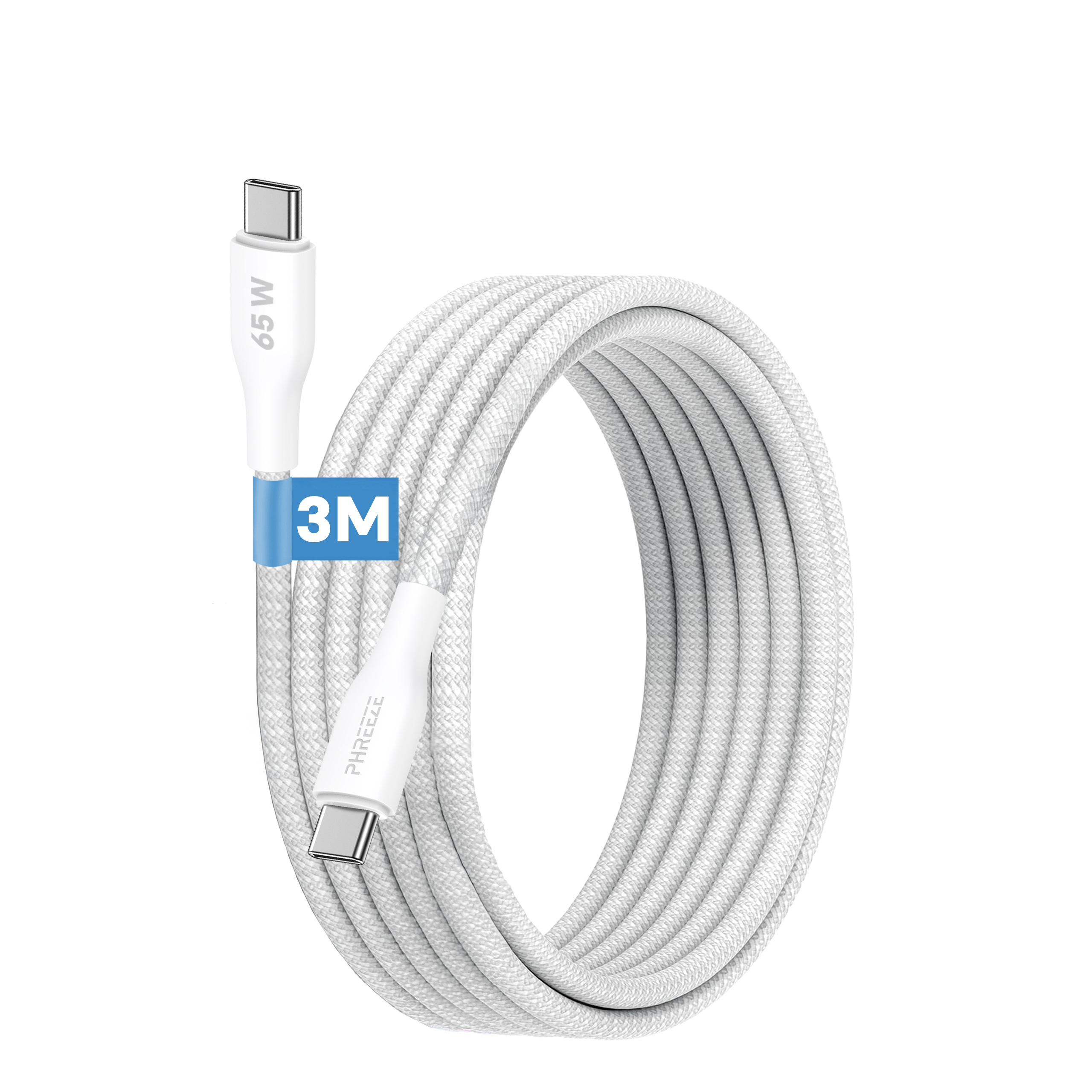 Witte USB-C-kabel met gevlochten ontwerp. Toont 65W, 3M lengte. Connectoren aan beide uiteinden. Merknaam zichtbaar.