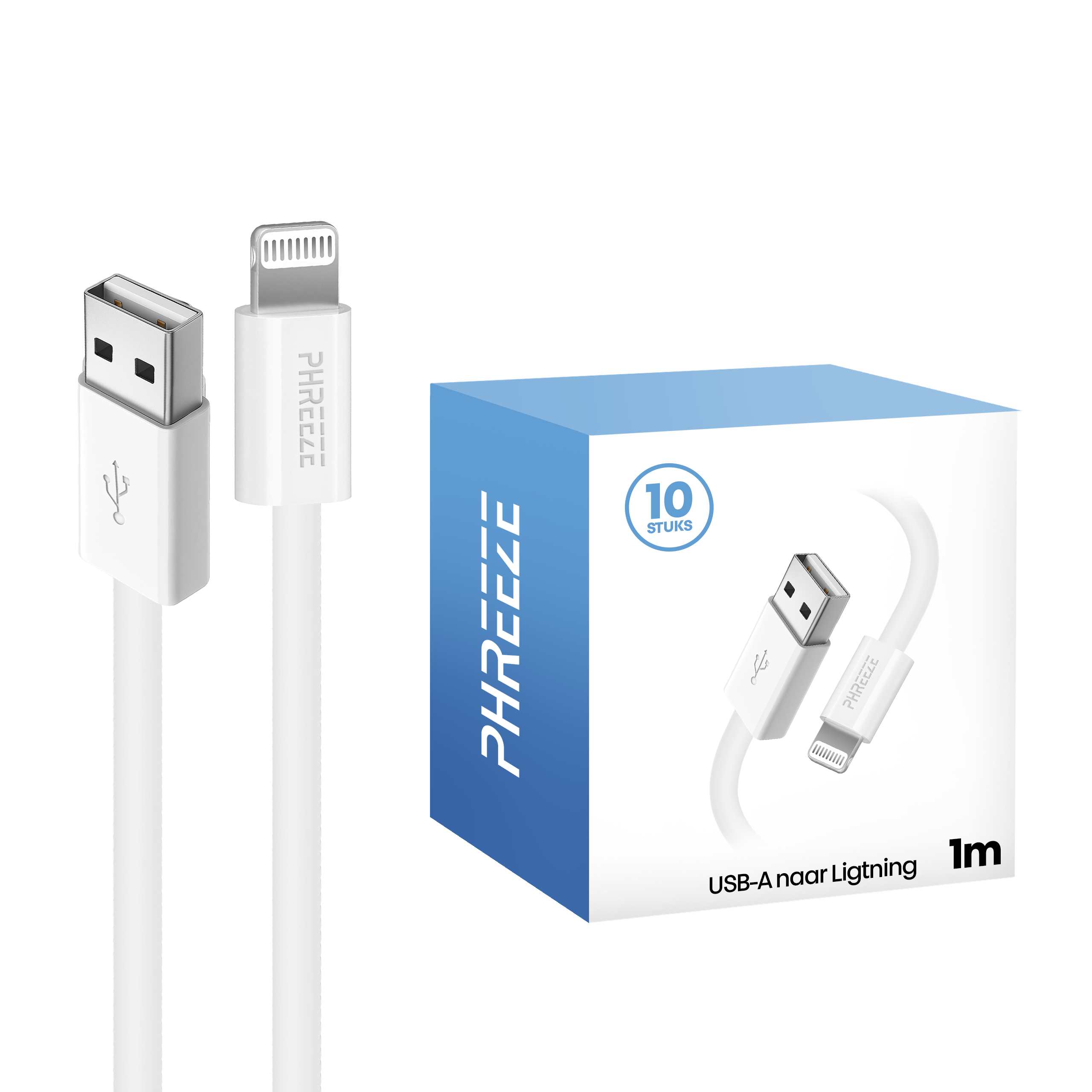 White USB to lightning cable. A box with the brand name and the text 'USB-A naar Lightning 1m' is visible.