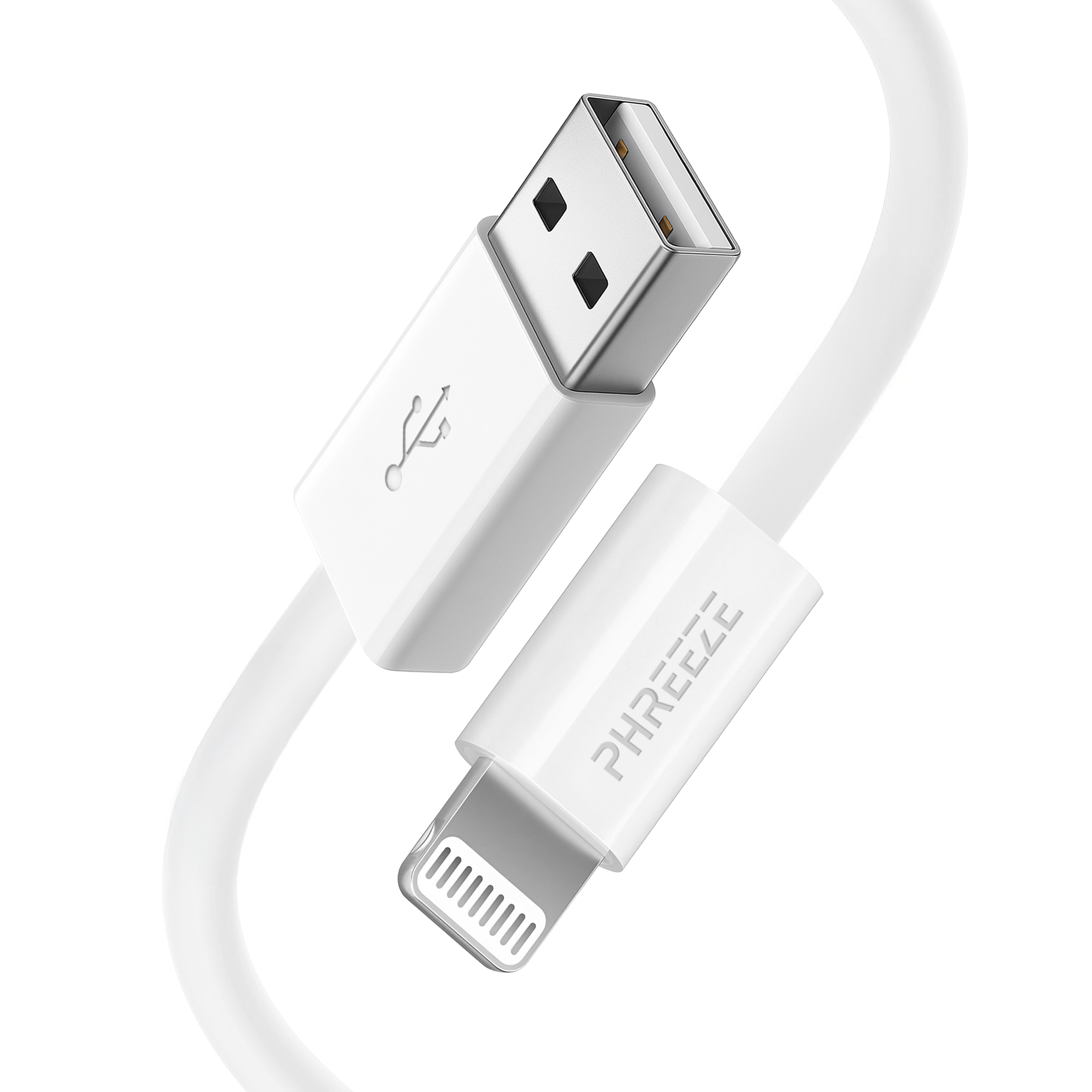 Een witte USB naar lightning kabel. Het USB-uiteinde is naar de kijker gekanteld. Het lightning uiteinde is rechts.