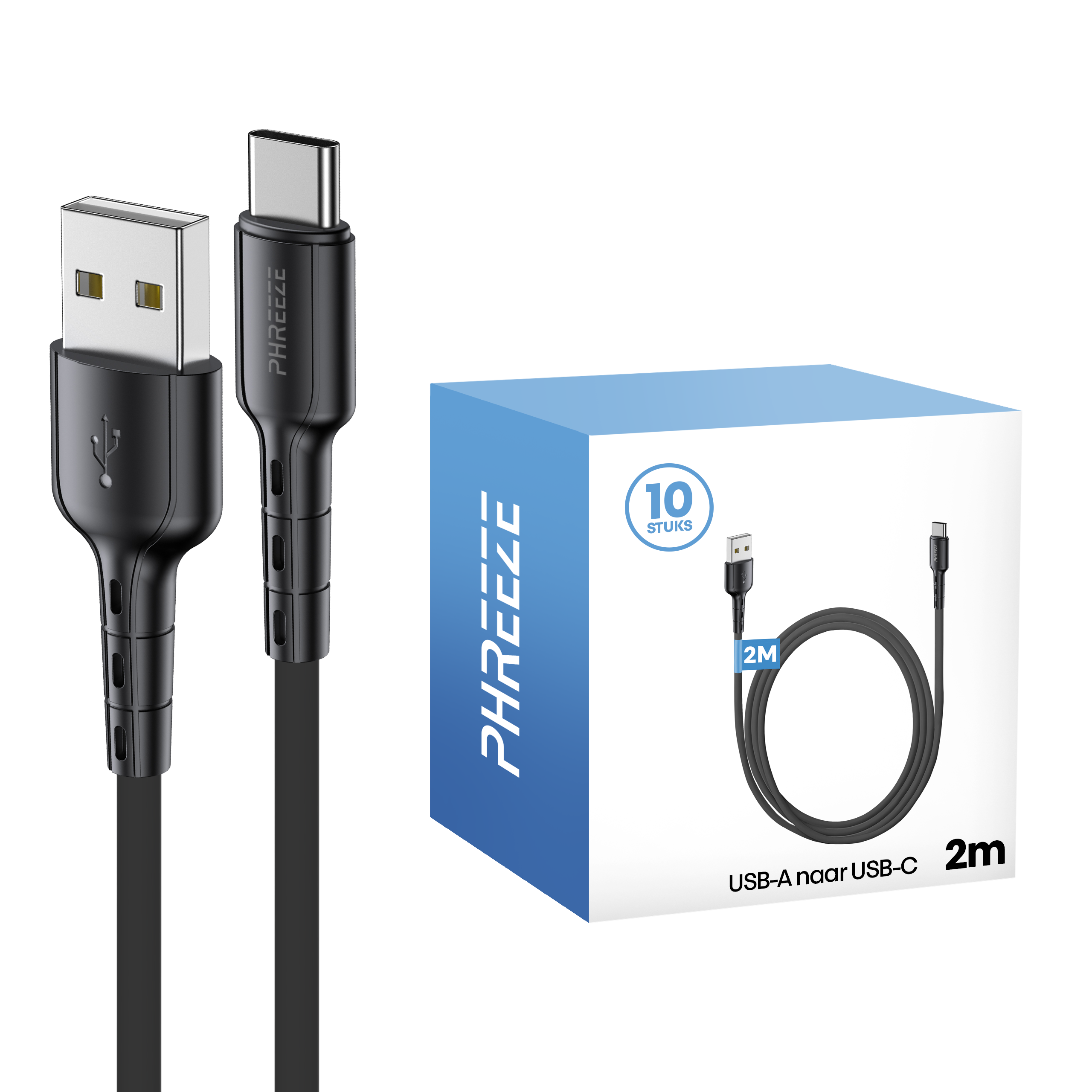 Zwarte USB-A naar USB-C kabel. Een doos toont een kabelafbeelding. Merknaam 'PHREZE' is zichtbaar op de kabel en de doos.
