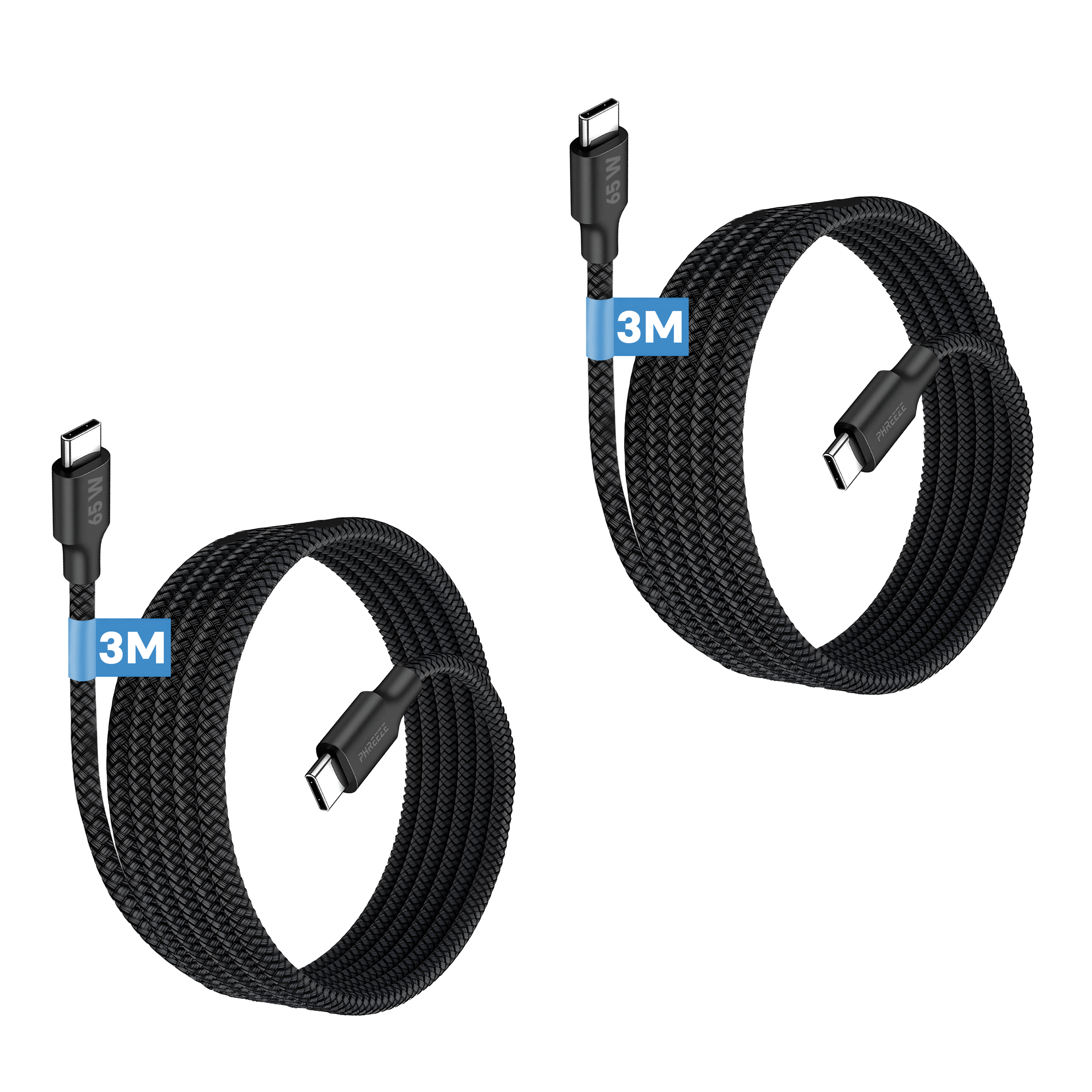 Twee zwarte USB-C-kabels, gevlochten, opgerold. Eén heeft een 3M-label en 65W markering. De andere heeft een Phreeze-label.