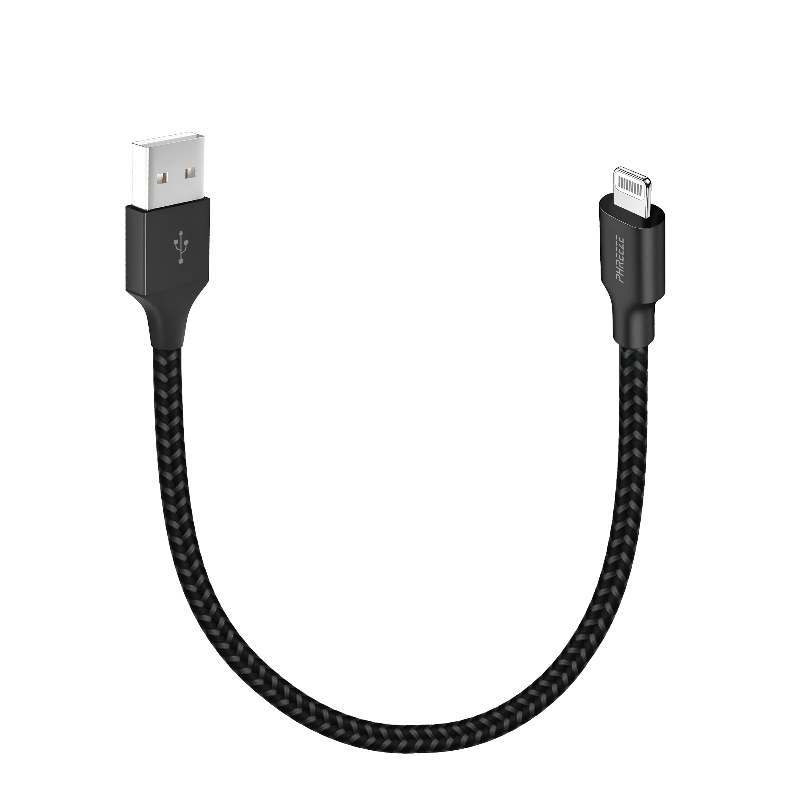 Een zwarte USB naar Lightning kabel. De kabel is gevlochten. De connectoren zijn zwart en zilver.