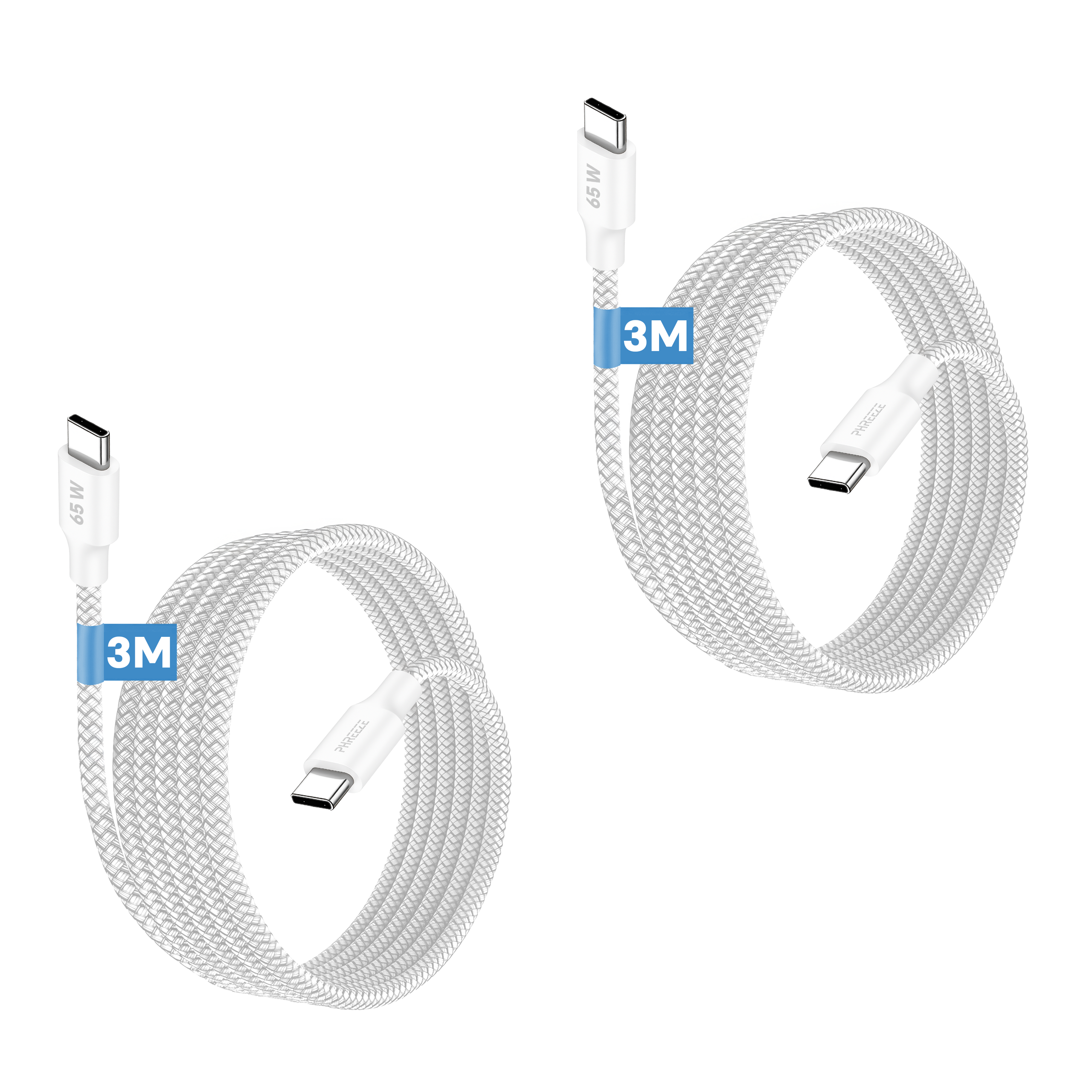 Two white braided USB-C cables, 3M, 65W, against a white background.