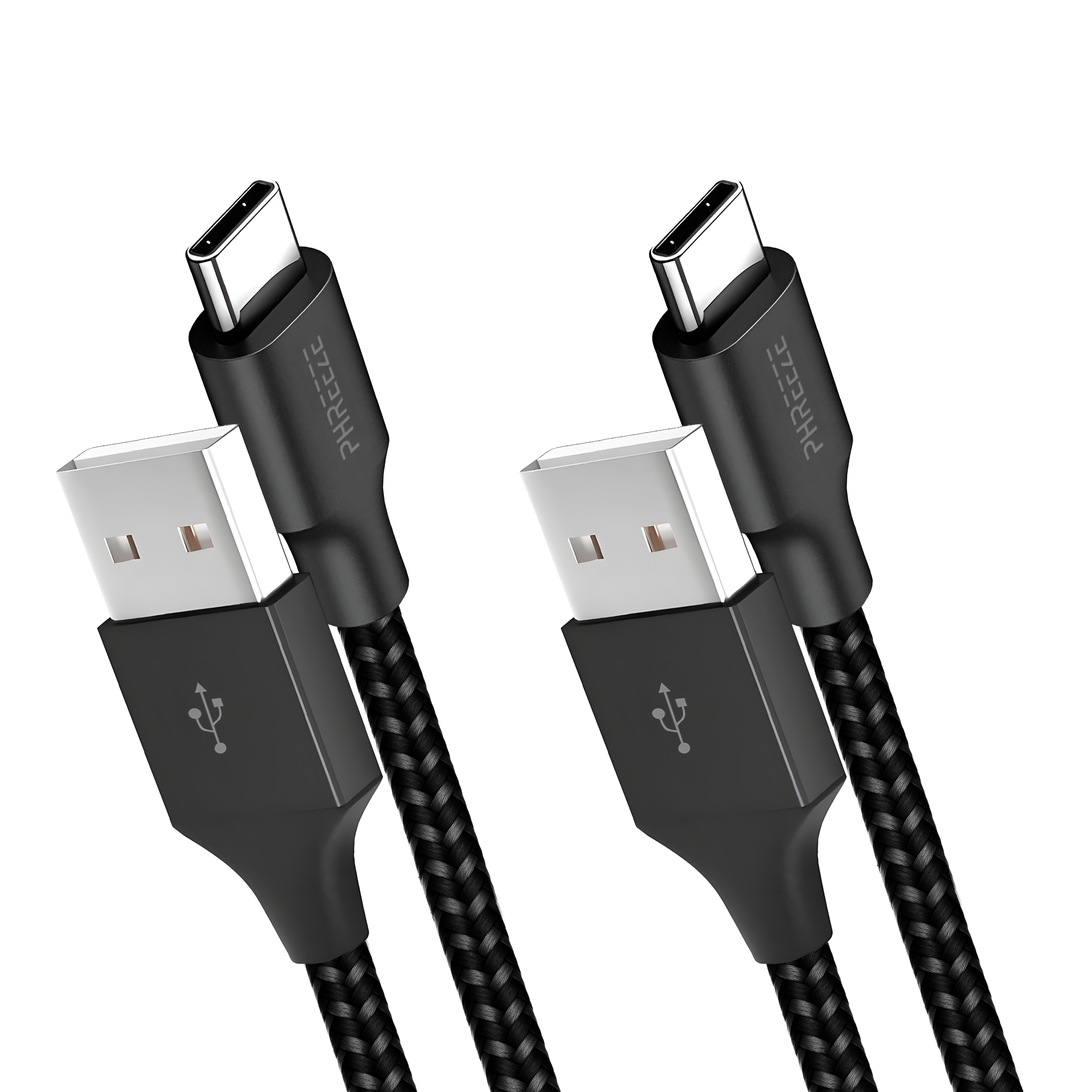 Twee zwarte USB-C naar USB-A oplaadkabels. Elke kabel heeft een gevlochten snoer en connectoren.