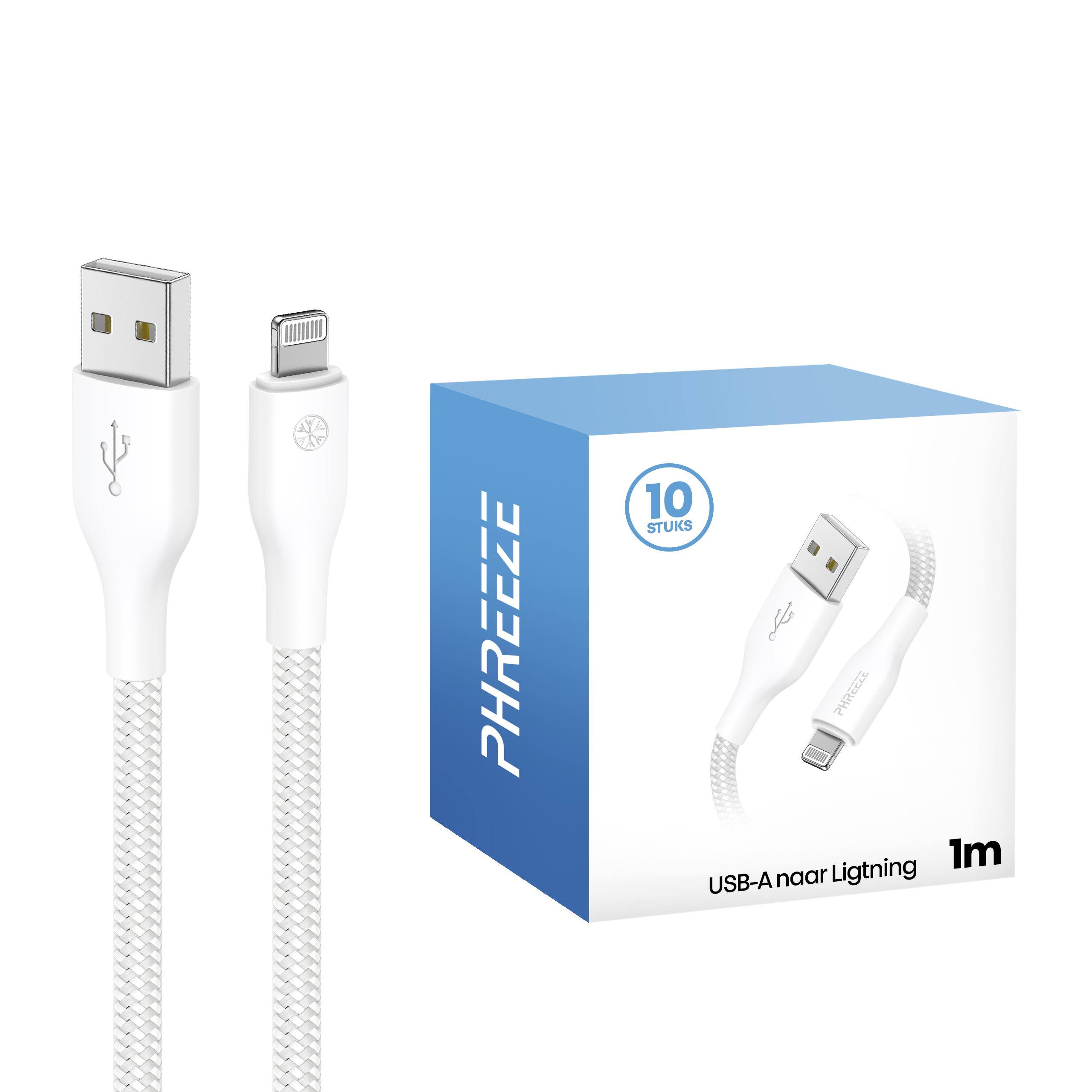 White USB to Lightning cable with a box. The box has the brand name and the cable's image.
