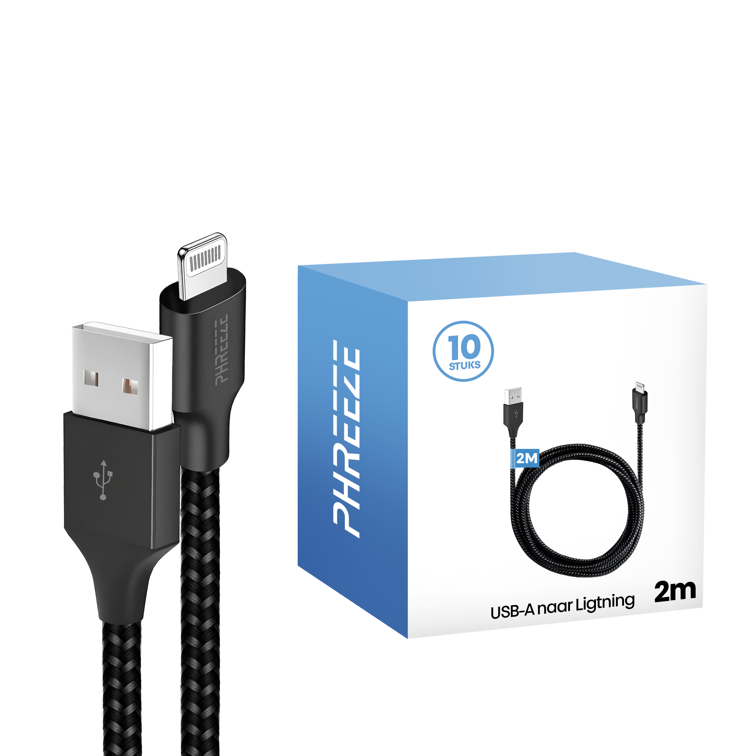 Black USB-A to Lightning cable. A box with 10 cables is also visible.