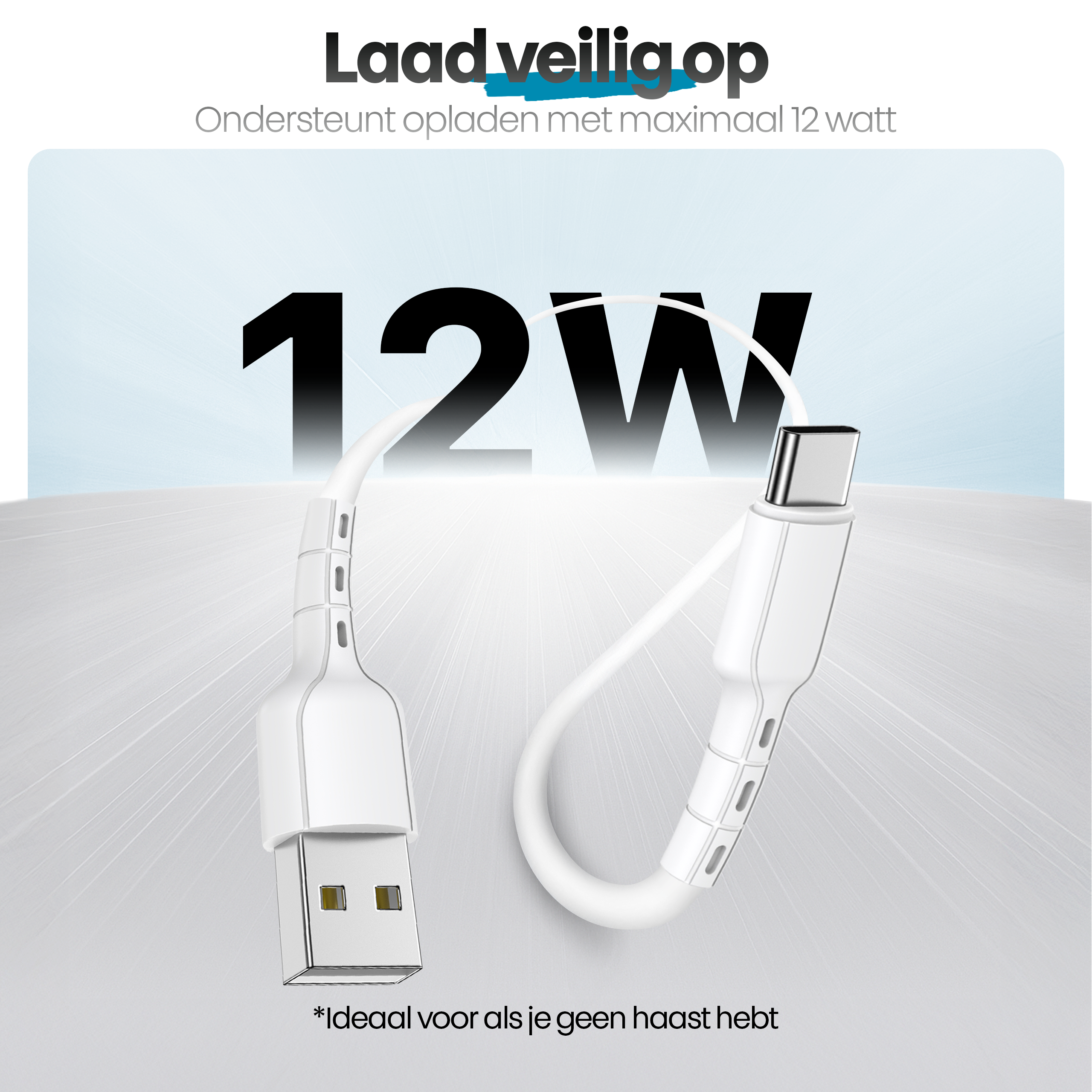 A white charging cable with a USB and a USB-C connector. The text says 12W and Laad veilig op (Charge safely).