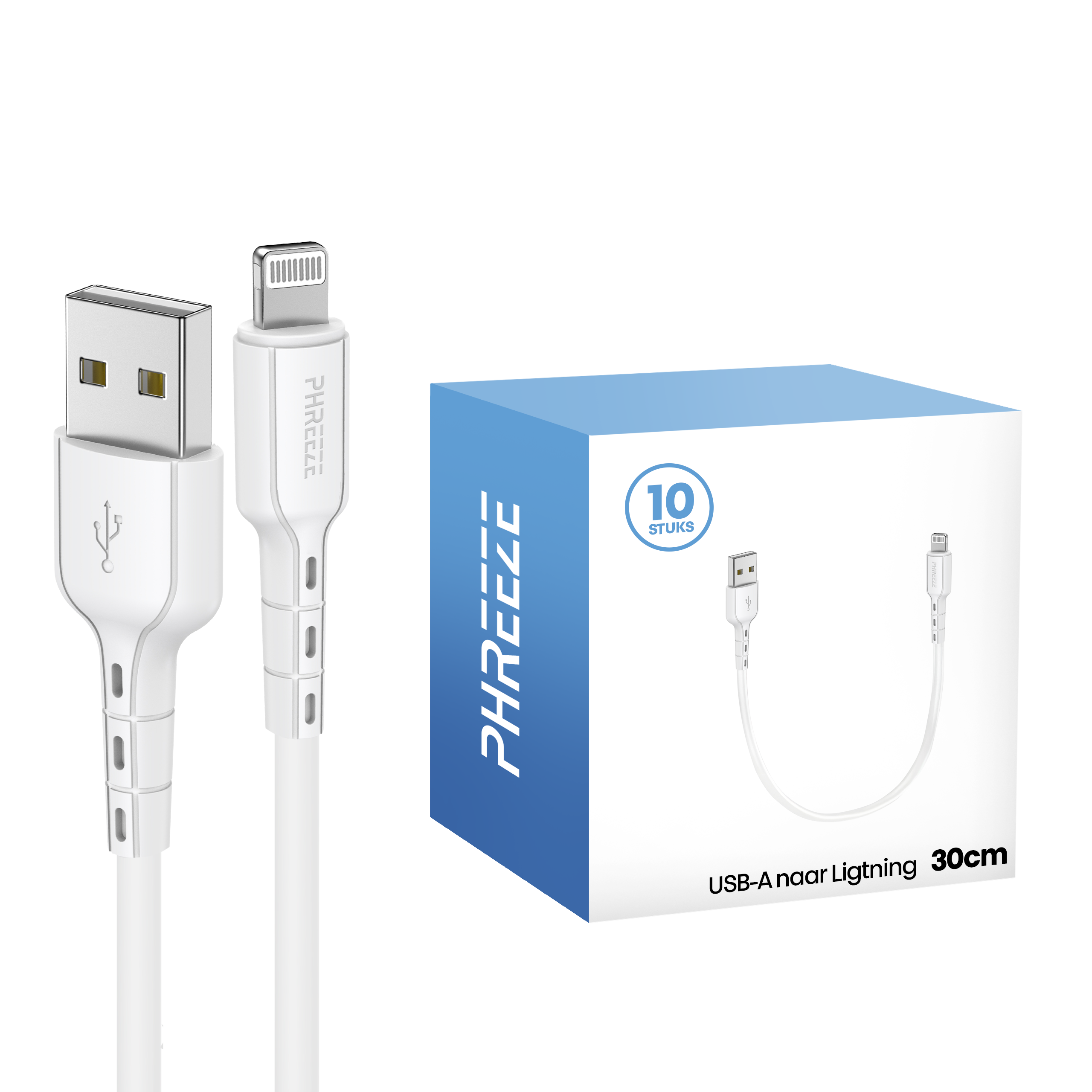 White USB-A to Lightning cable, with a box showing the product. Cable is 30cm long. Packaging says: PHREEZEE, 10 pieces.