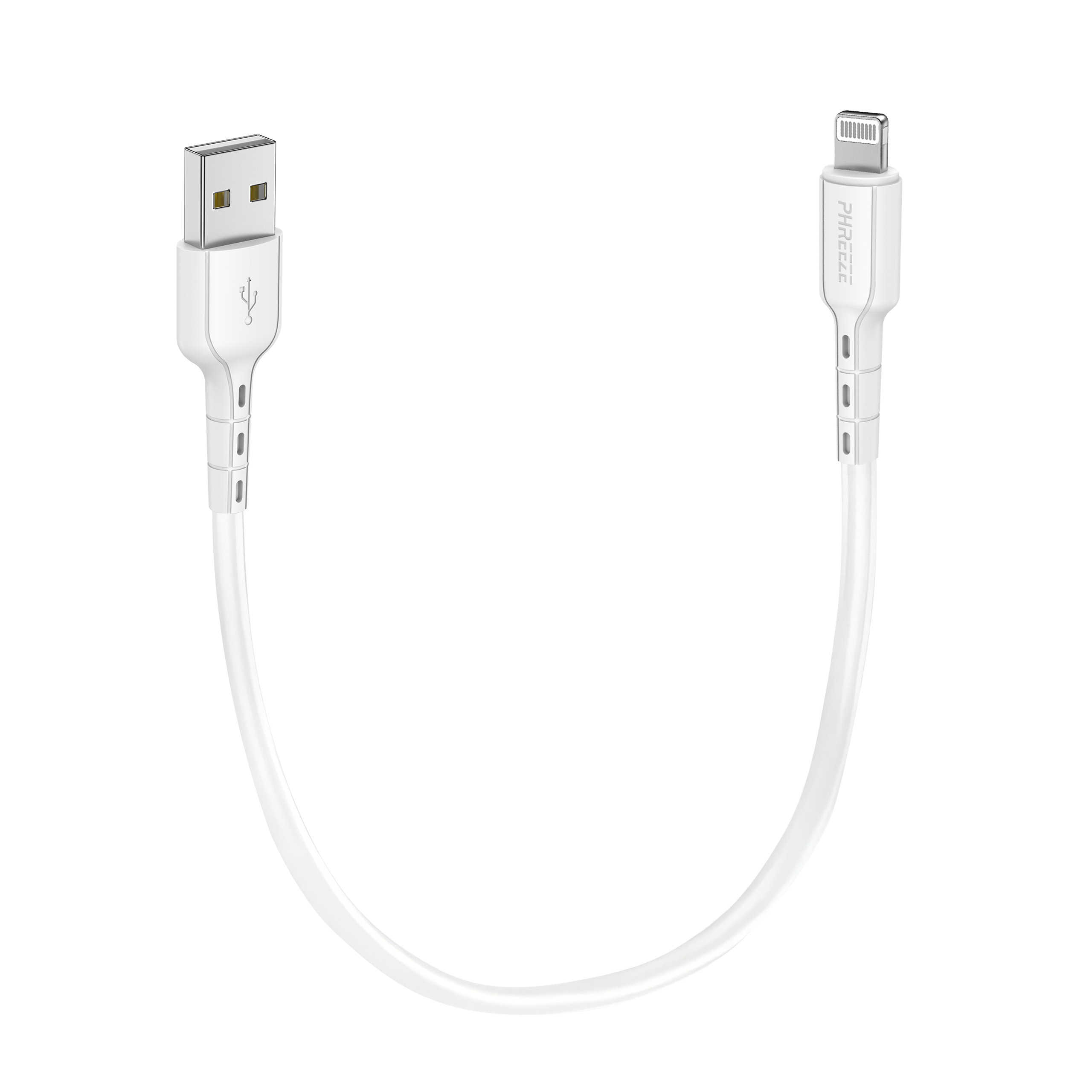 A white charging cable with a USB connector on one end and a lightning connector on the other, on a white background.