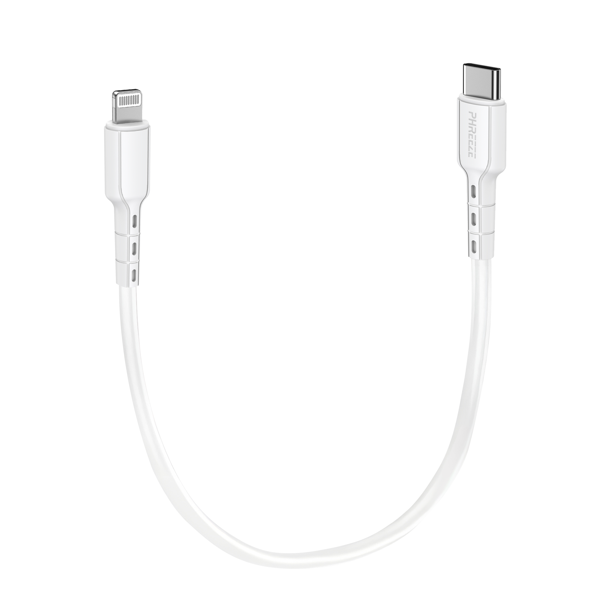 Een witte oplaadkabel, Lightning naar USB-C, buigt tegen een witte achtergrond. De connectoren zitten aan elk uiteinde.