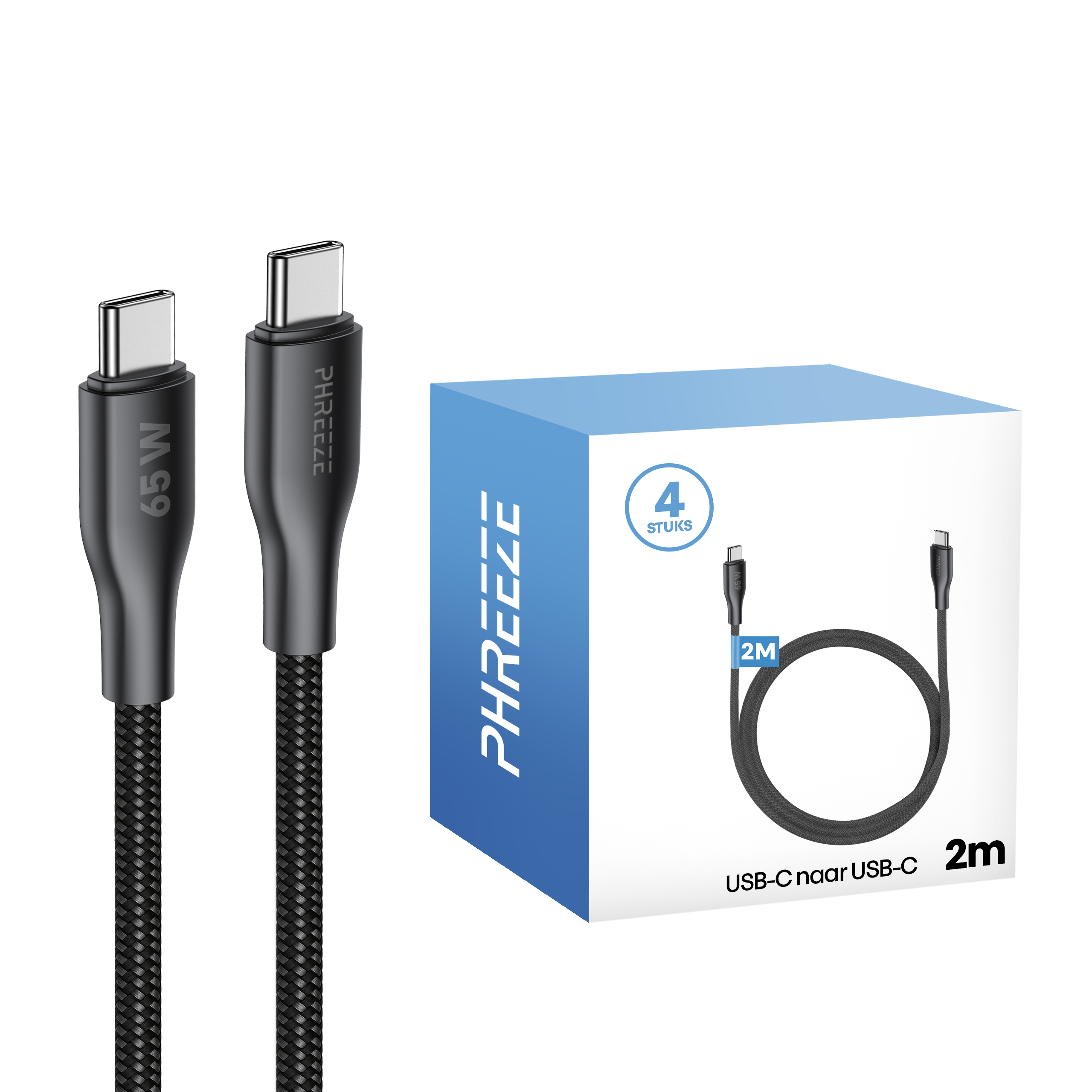 Twee zwarte USB-C-kabels en een blauwe doos met een kabelillustratie. Kabels zijn gemarkeerd met 65W en 2M.