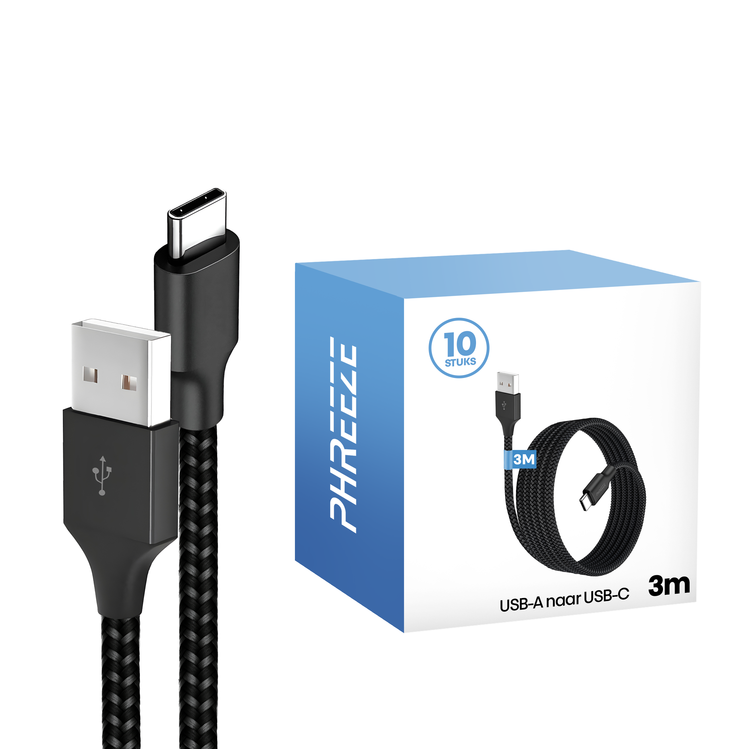 Zwarte USB-A naar USB-C kabel en een doos, productdetails op de doos en de kabel.