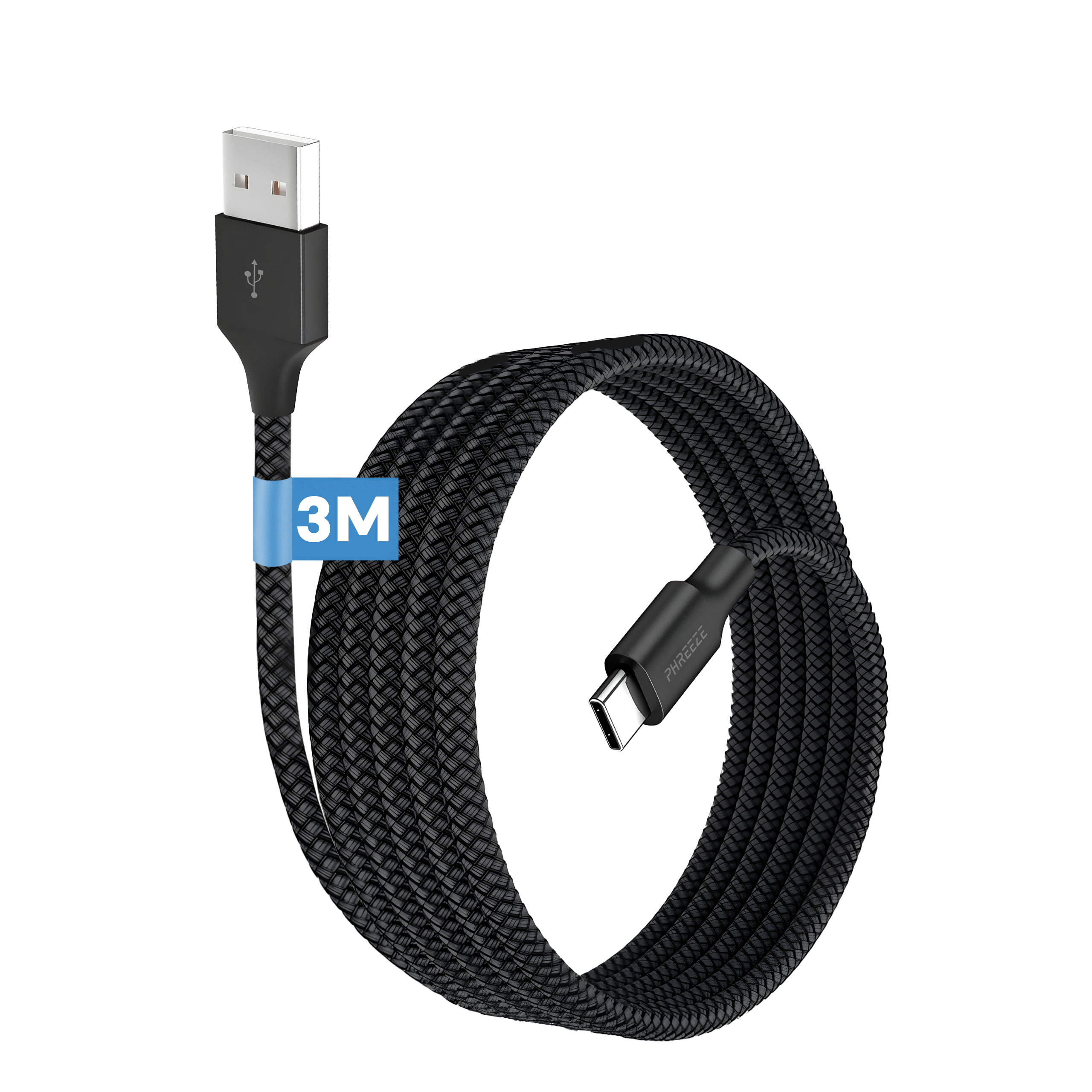 Een zwarte USB-kabel met een gevlochten ontwerp is opgerold. De kabel heeft een USB-A- en een USB-C-connector. Een blauw label leest '3M'.