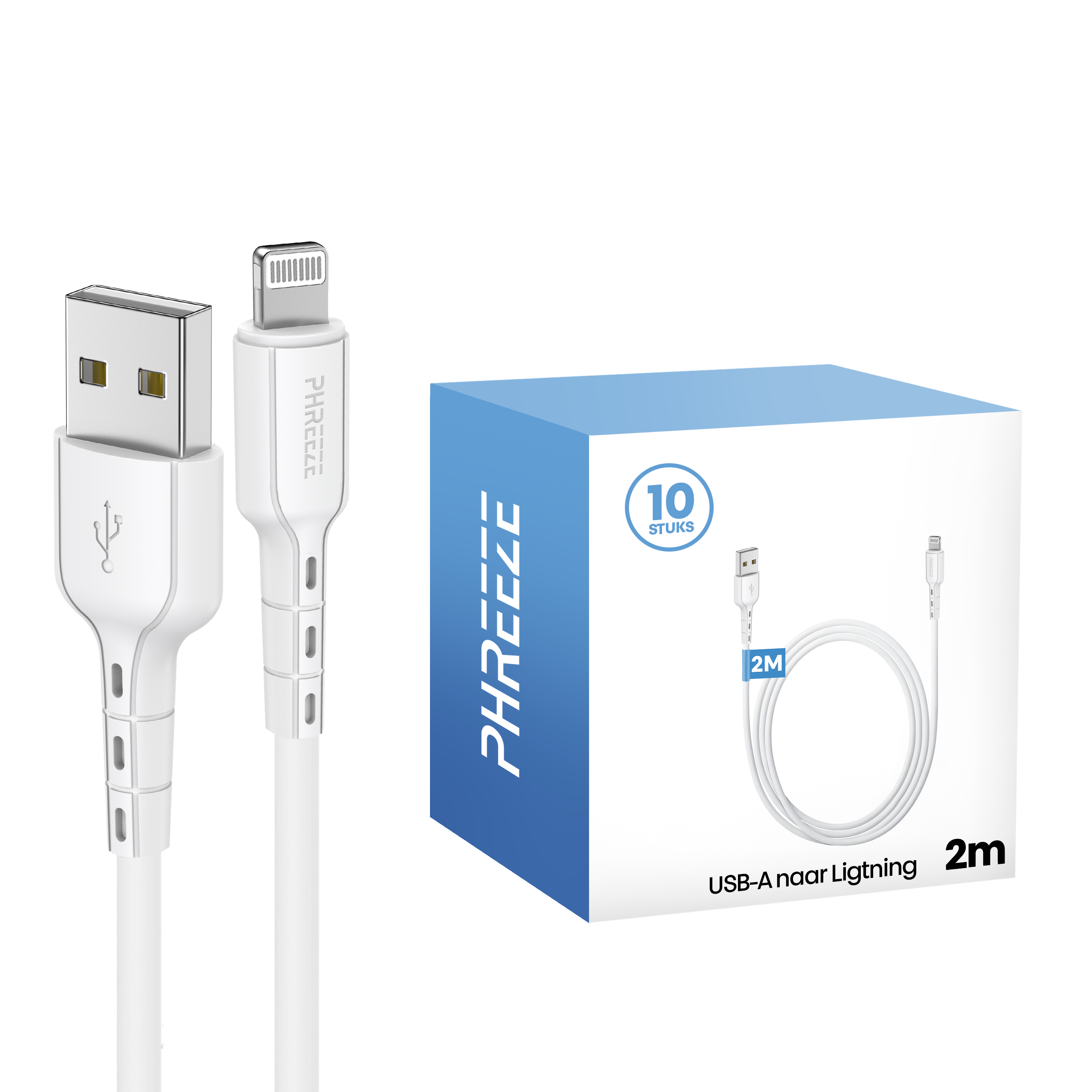 White USB-A to Lightning cable with a blue box. The box says '10 stuks' and 'USB-A naar Lightning'.