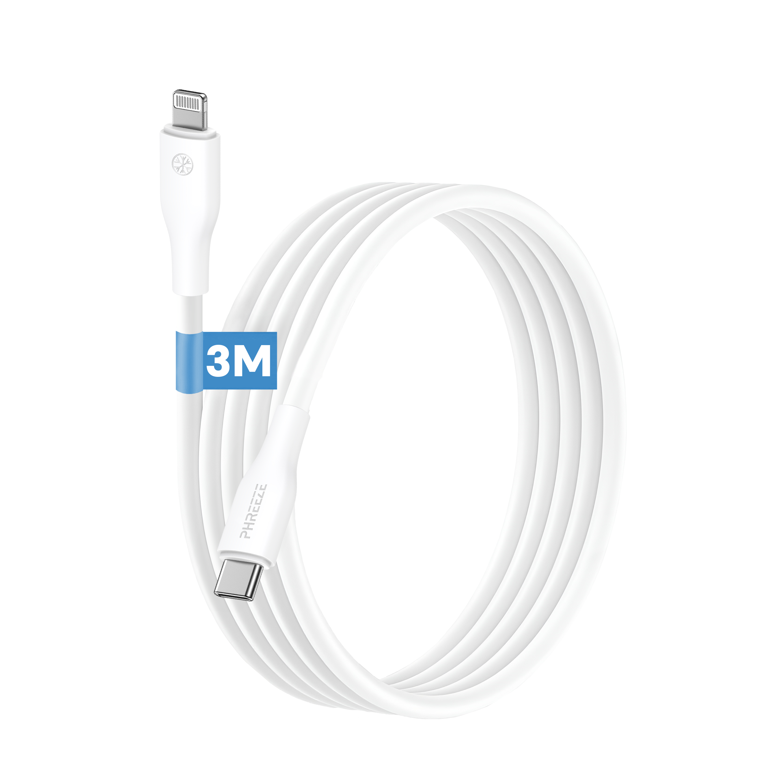 Een witte oplaadkabel met Lightning- en USB-C-connectoren. Een blauw label leest '3M'.