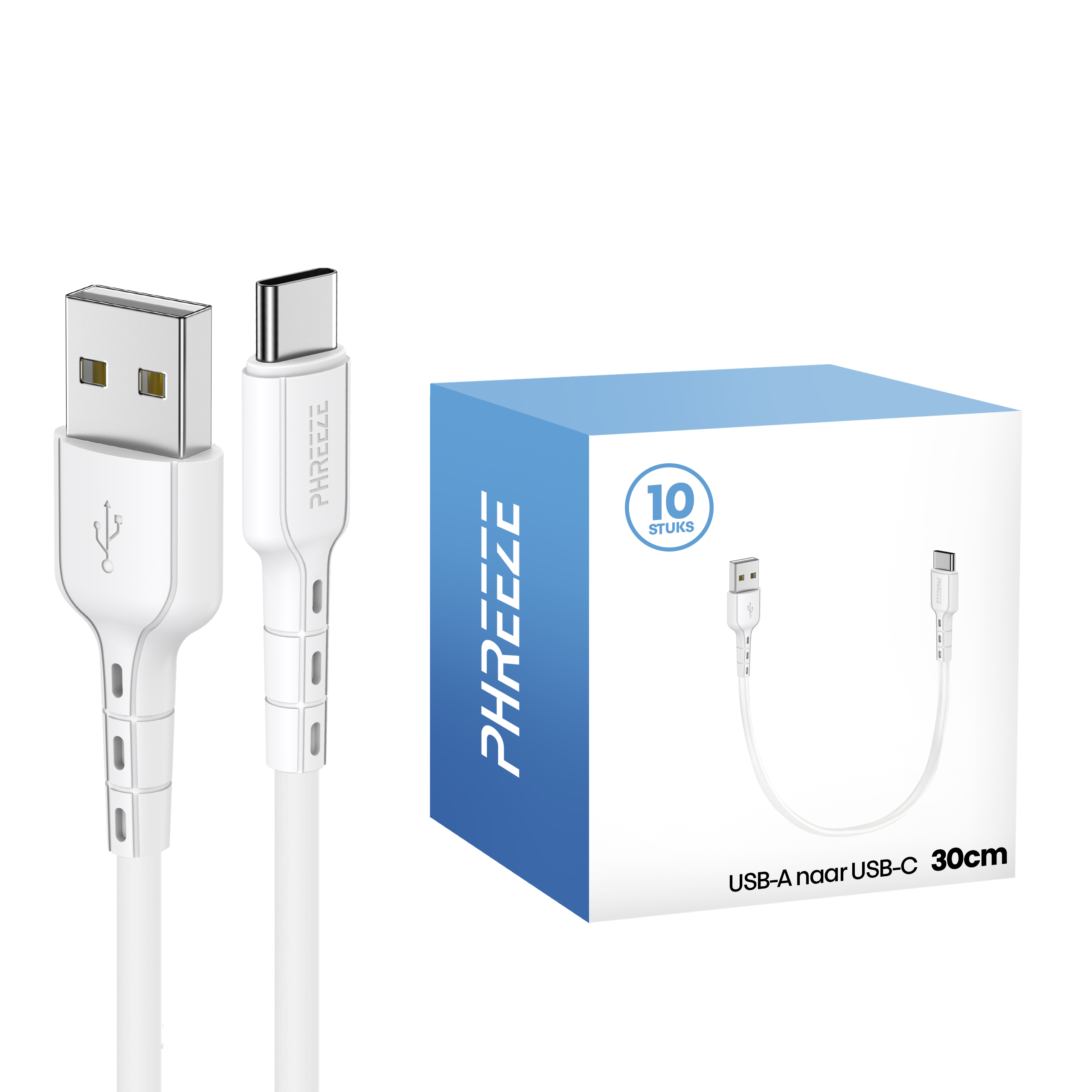 Witte USB-A naar USB-C kabel en doos. De doos zegt '10 stuks' en heeft het merk 'PHREEZEE'.