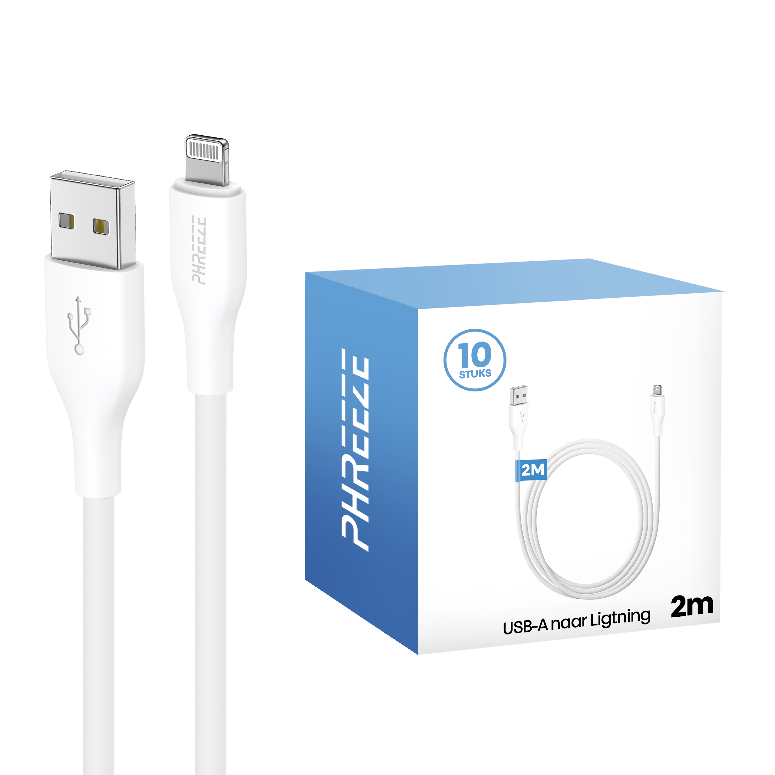 White USB-A to Lightning cable and box. The box has a cable image and text: USB-A naar Ligtning.