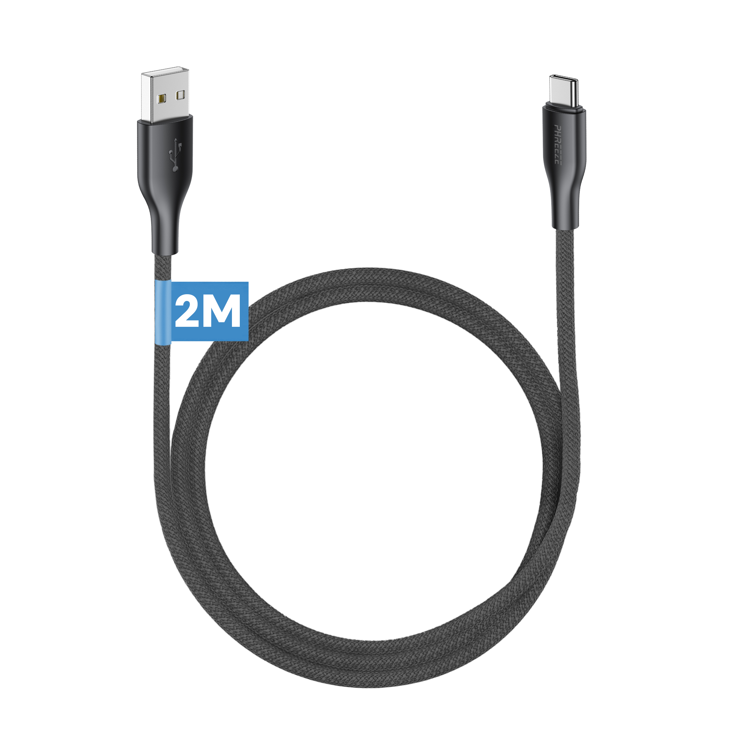 A dark gray USB-C cable with a USB-A connector on the left, and a USB-C connector on the right, bent in a loop.
