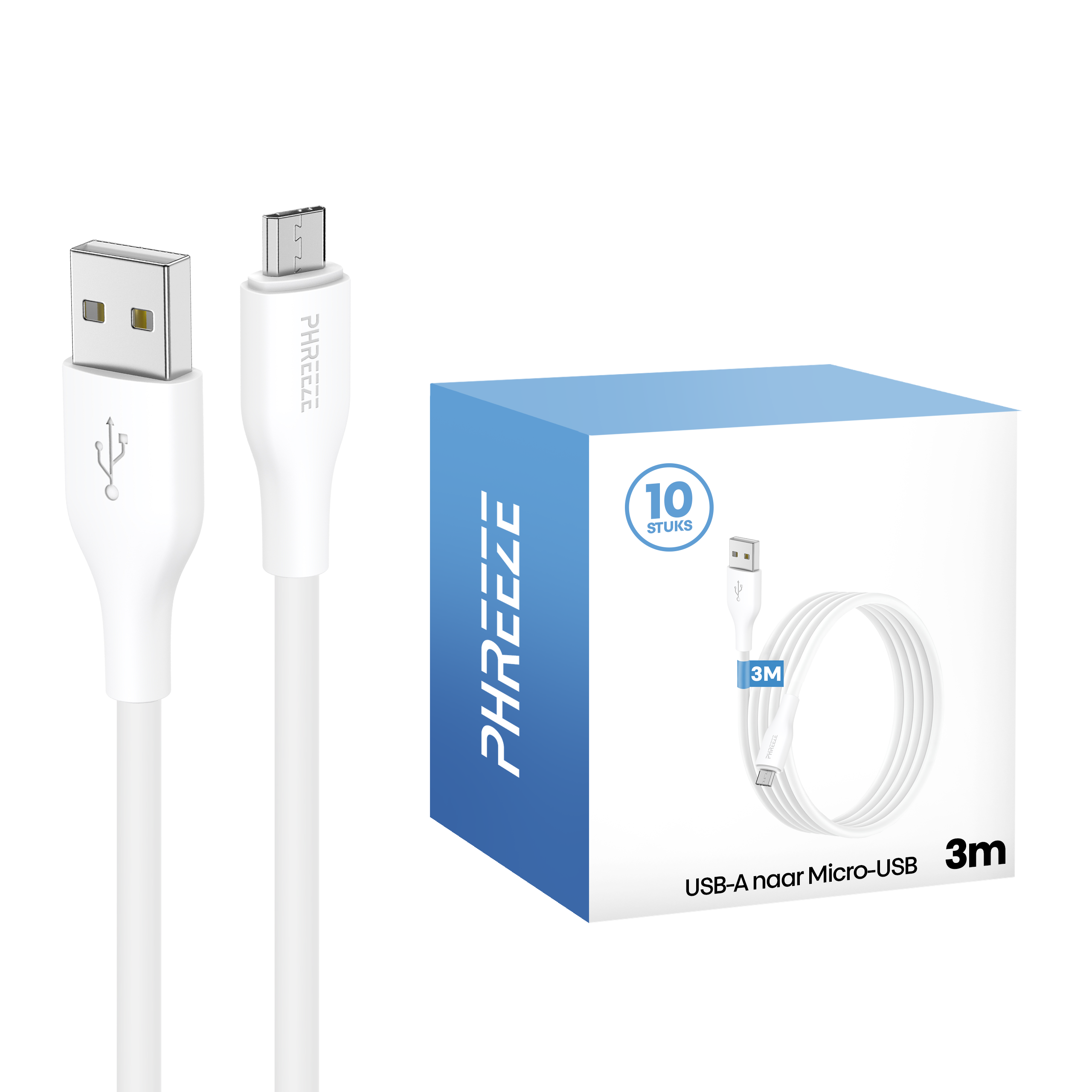 White USB cables and a blue box. The box says 'PHREEEZE' and 'USB-A naar Micro-USB 3m'. A '10 stuks' sticker is on it.