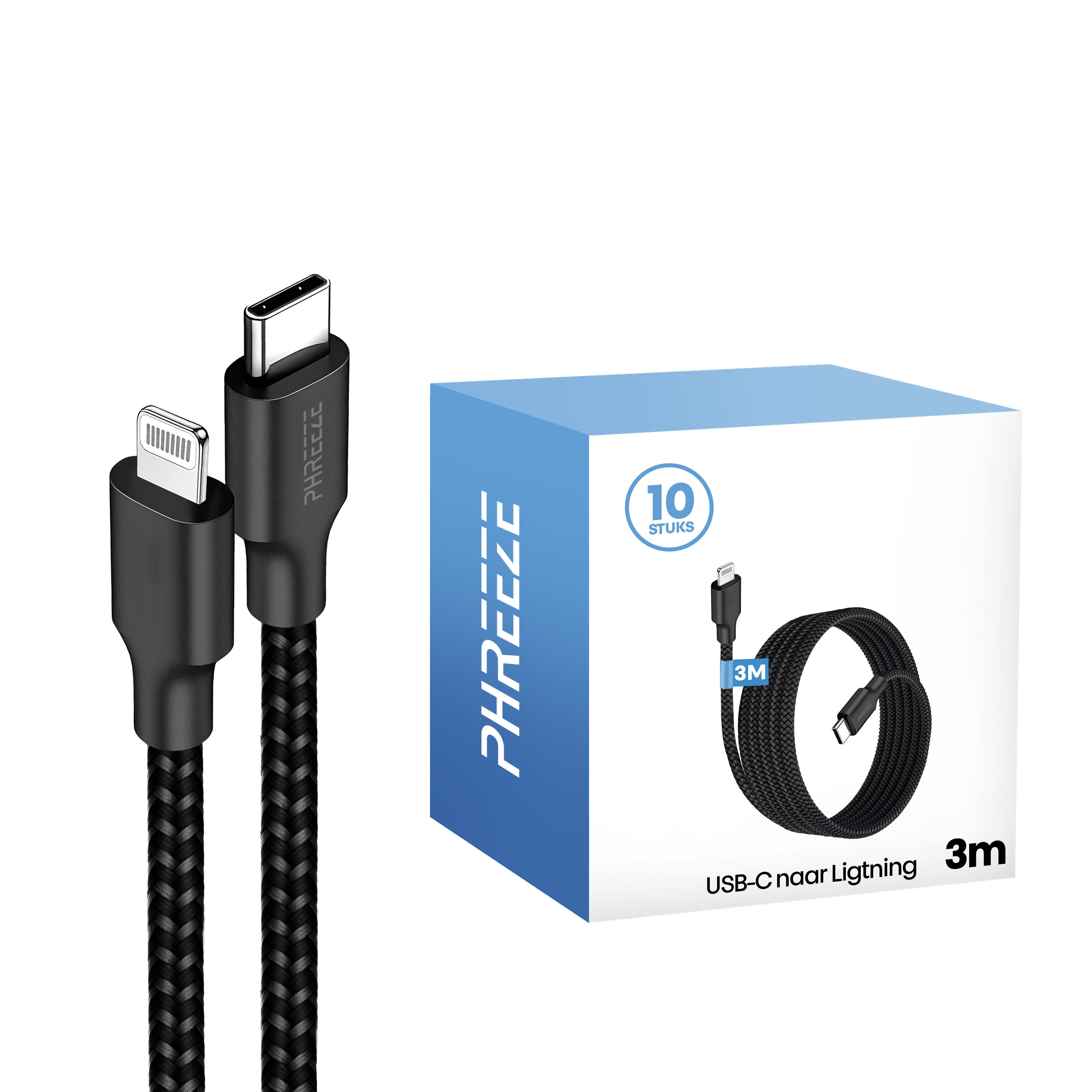 Afbeelding toont twee zwarte USB-kabels en een blauwe doos met kabelillustratie. Kabels zijn USB-C en Lightning.