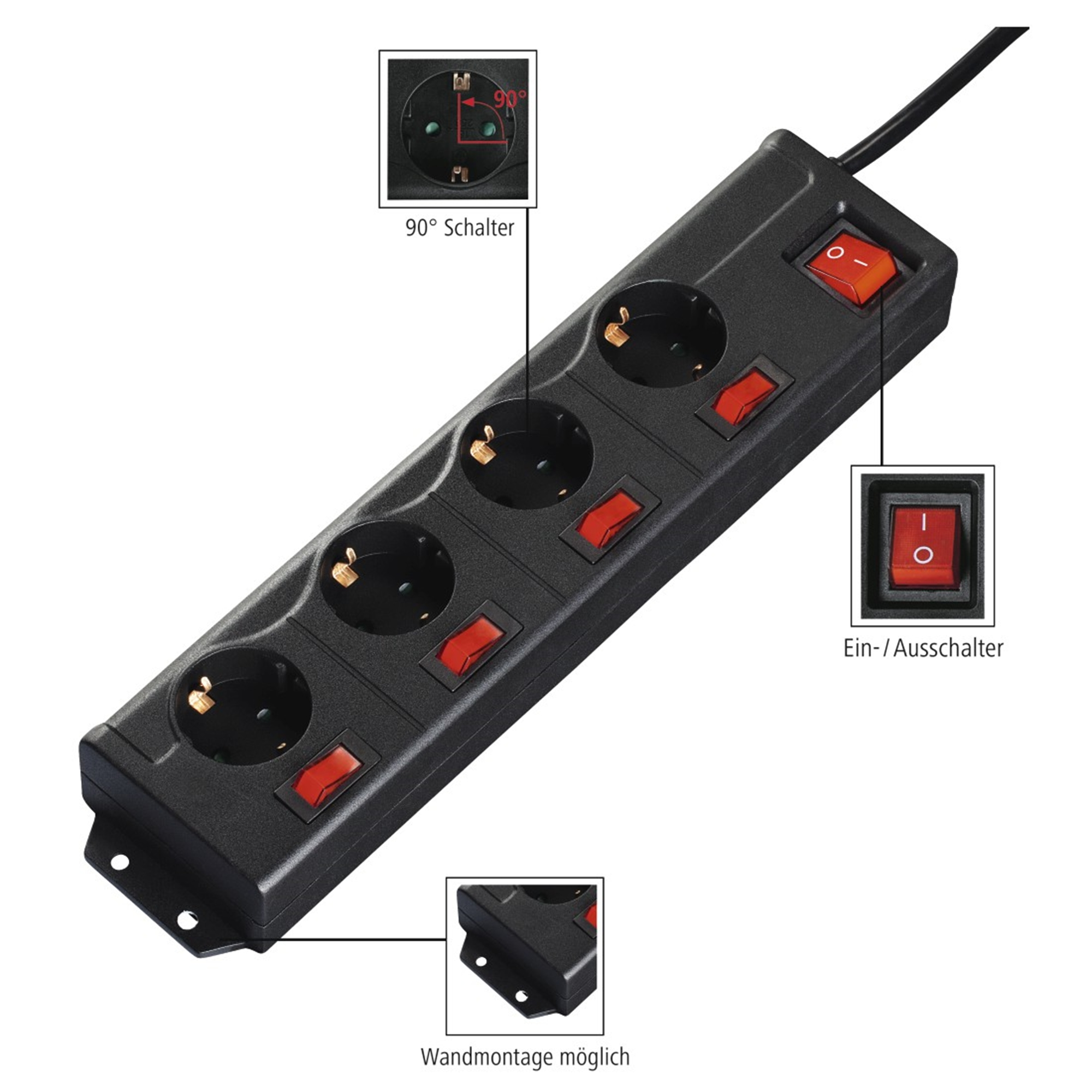Czarny przedłużacz z wieloma gniazdami i czerwonymi przełącznikami. Zawiera przycisk zasilania i szczegóły przełącznika 90 stopni. Montażowy.
