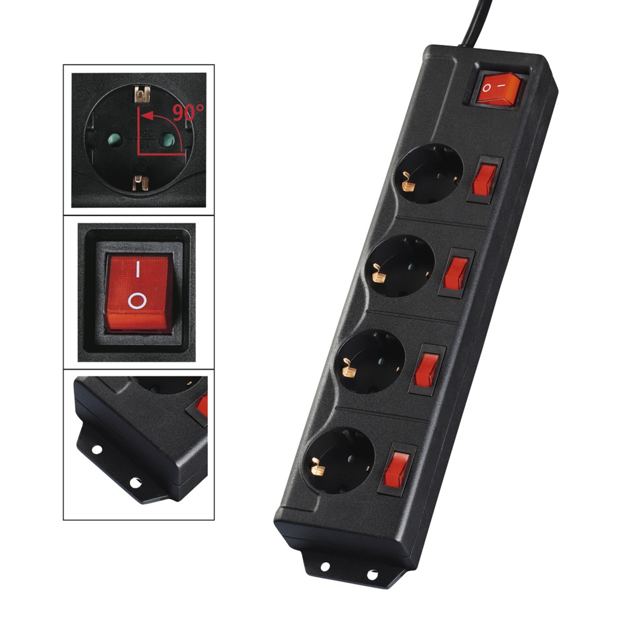 Czarna listwa zasilająca z czterema gniazdami, czerwonymi przełącznikami i wskaźnikiem zasilania. Zawiera zbliżenia detali.