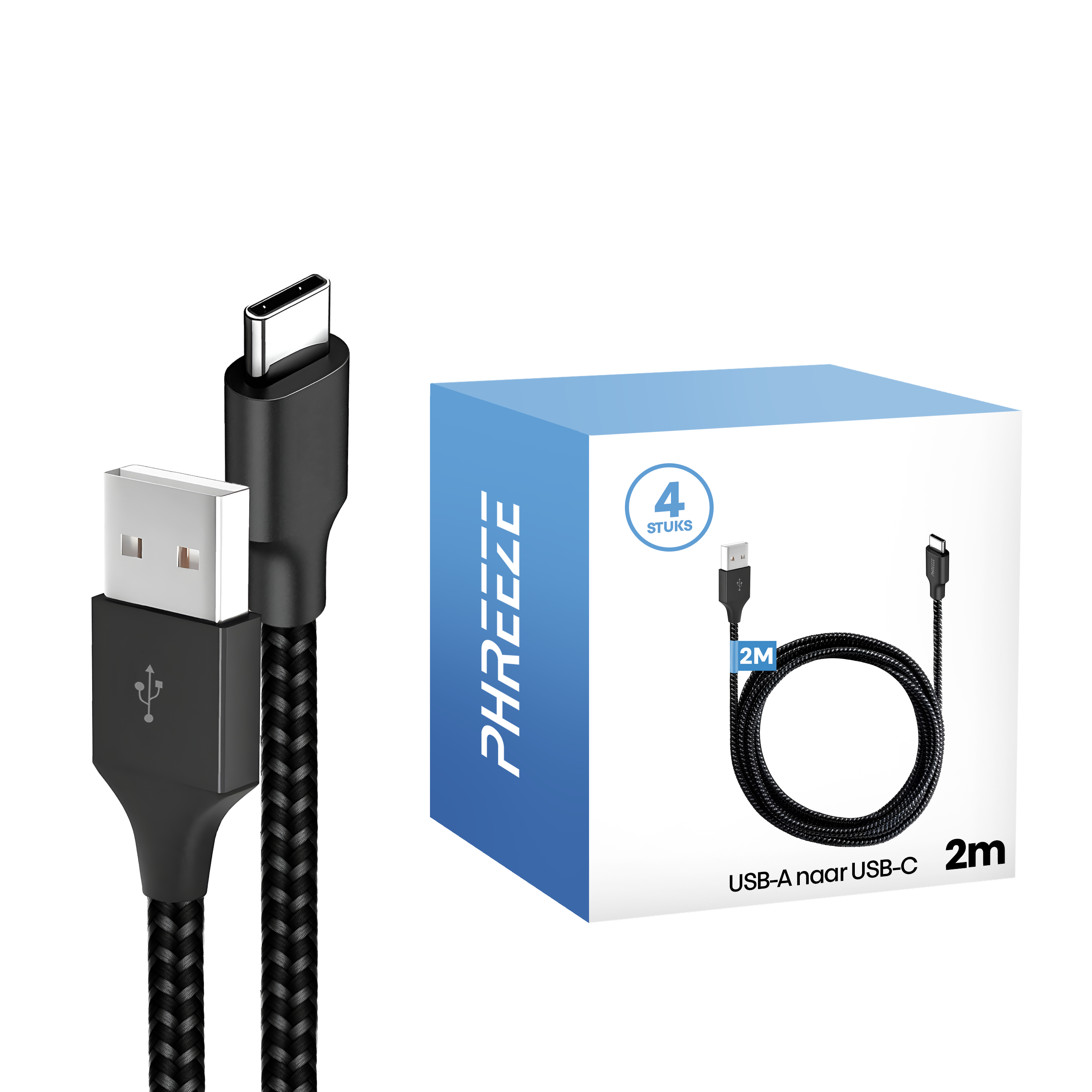 Afbeelding toont een zwarte USB-kabel met een USB-A- en USB-C-connector. Een blauwe doos heeft een kabelafbeelding erop.