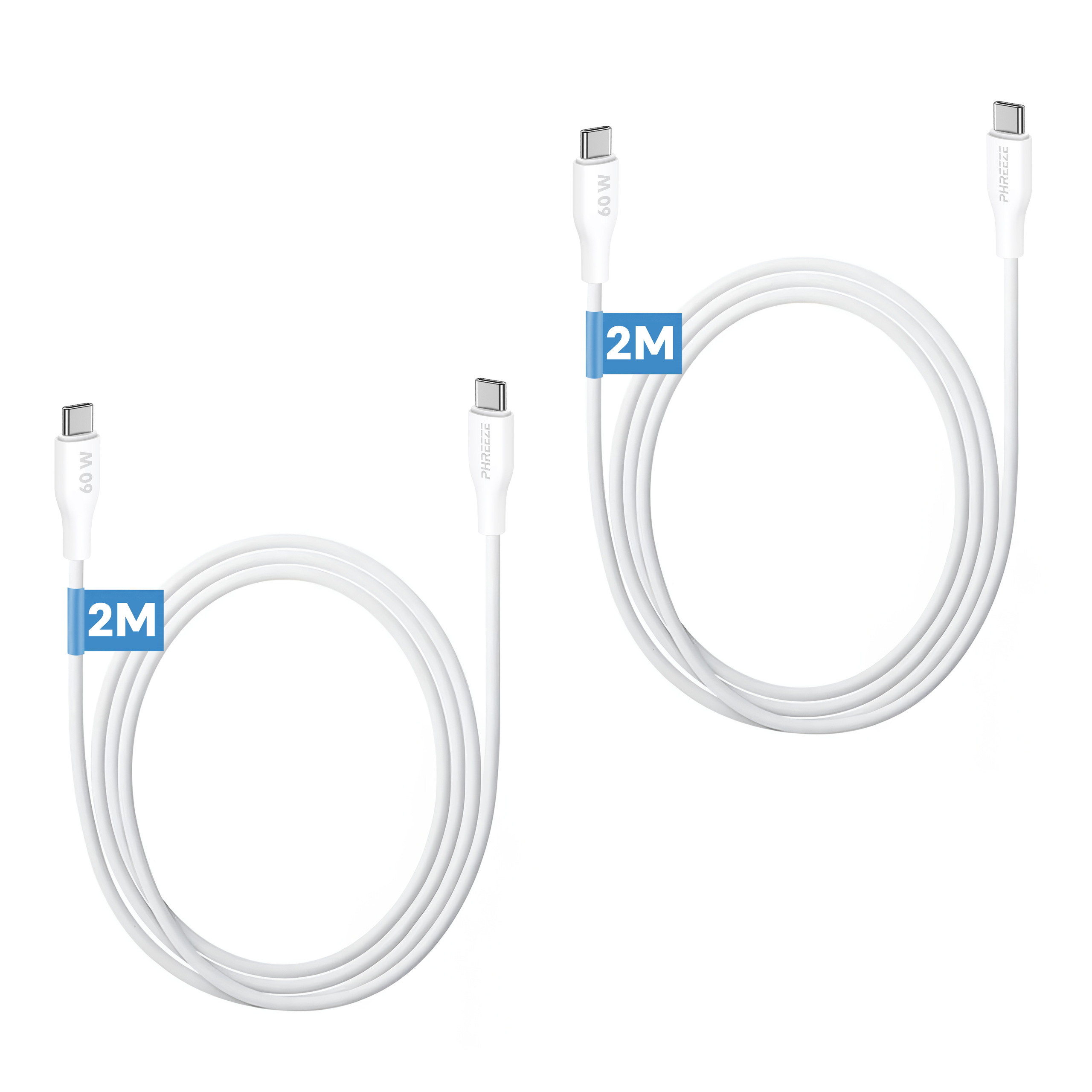 Twee witte USB-C oplaadkabels. Elke kabel heeft een 2M label en 60W tekst.
