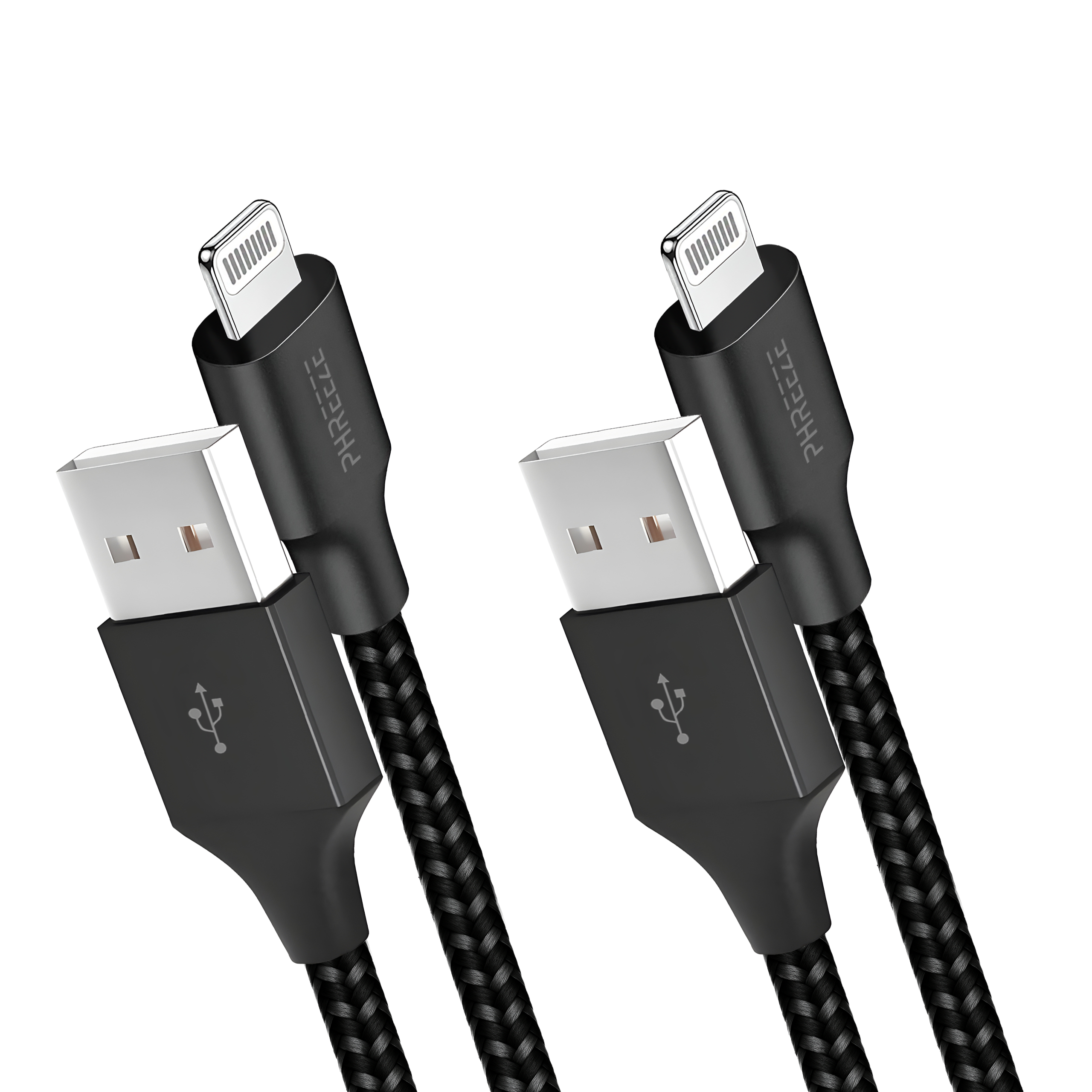 Two black USB cables with lightning and USB connectors. Braided cable design. White background.