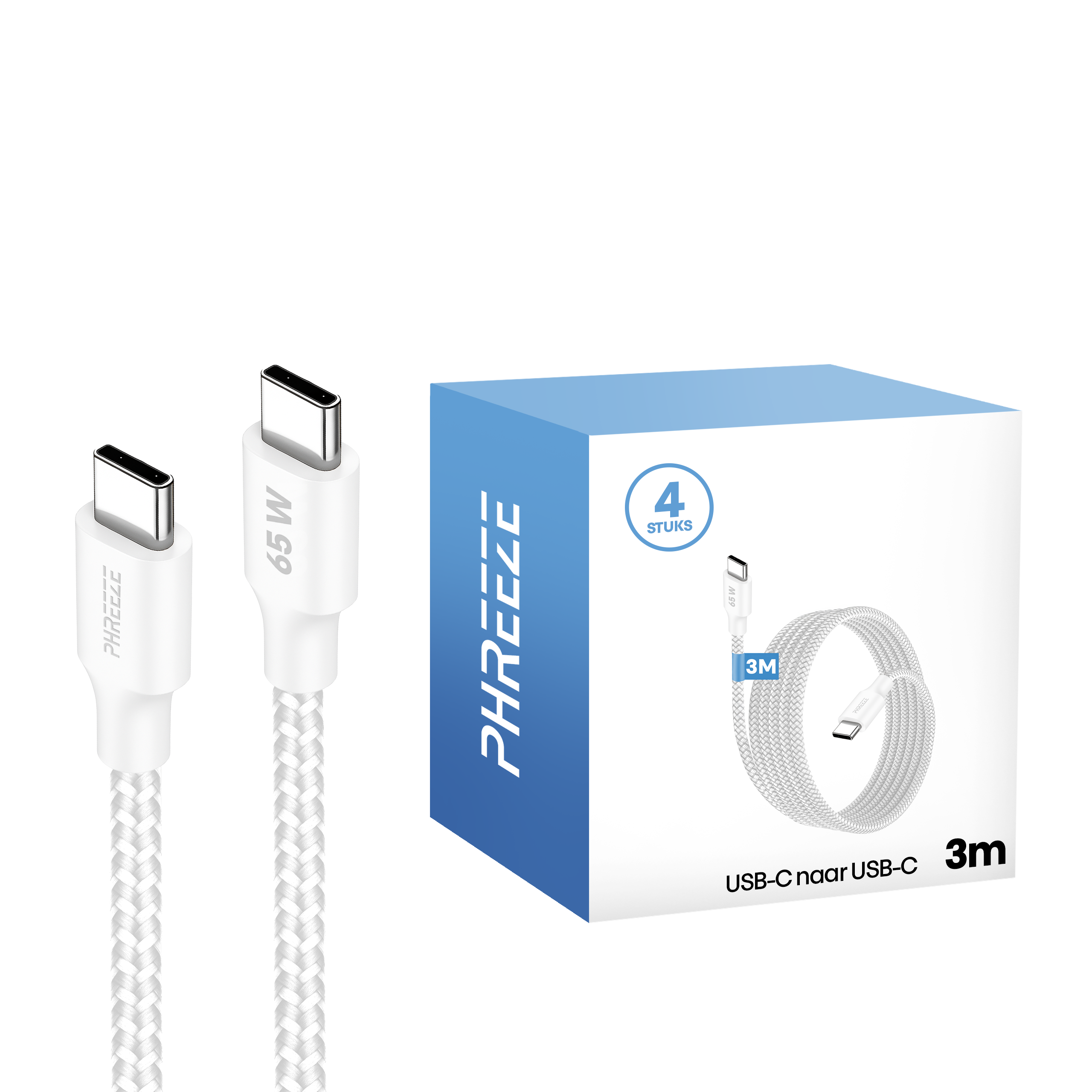 Witte USB-C-kabels en een blauwe doos. De doos toont een kabelafbeelding en zegt '4 stuks'. Kabels zeggen 'PHREEZE'.