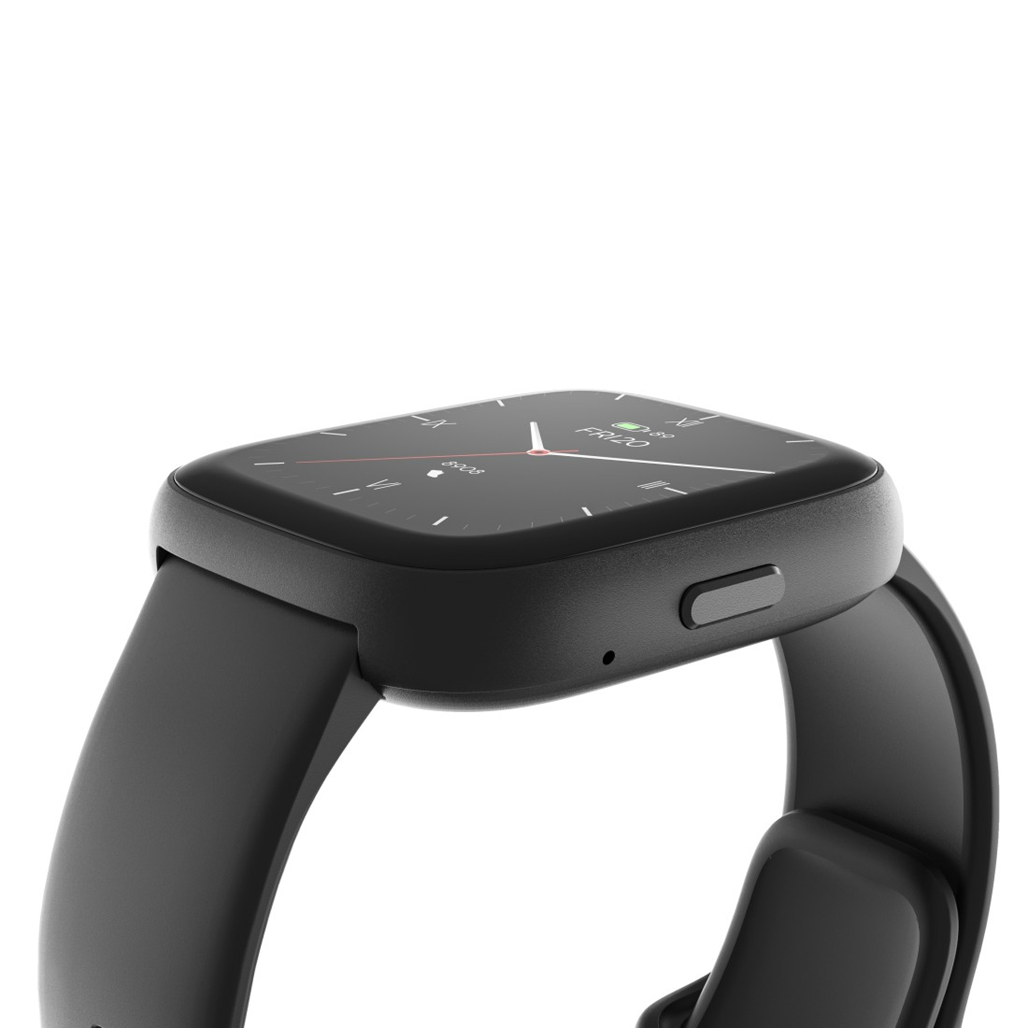 Zbliżenie czarnego smartwatcha. Zegarek pokazuje godzinę. Pasek jest zakrzywiony i połączony z zegarkiem.