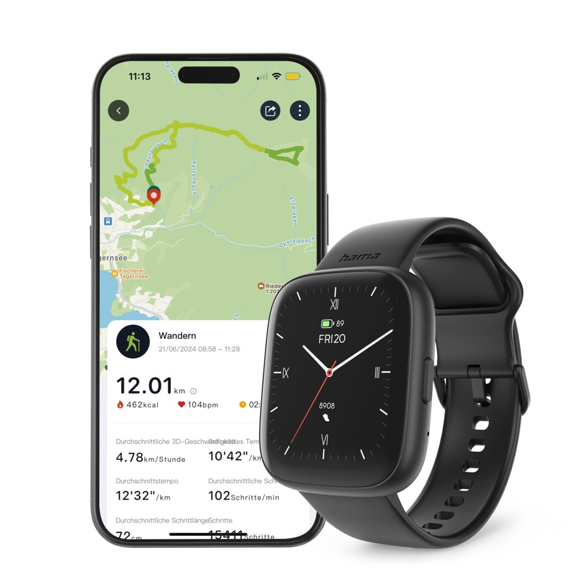 Smartfon wyświetla mapę turystyczną z czerwonym znacznikiem. Obok czarny smartwatch z danymi czasu i aktywności.