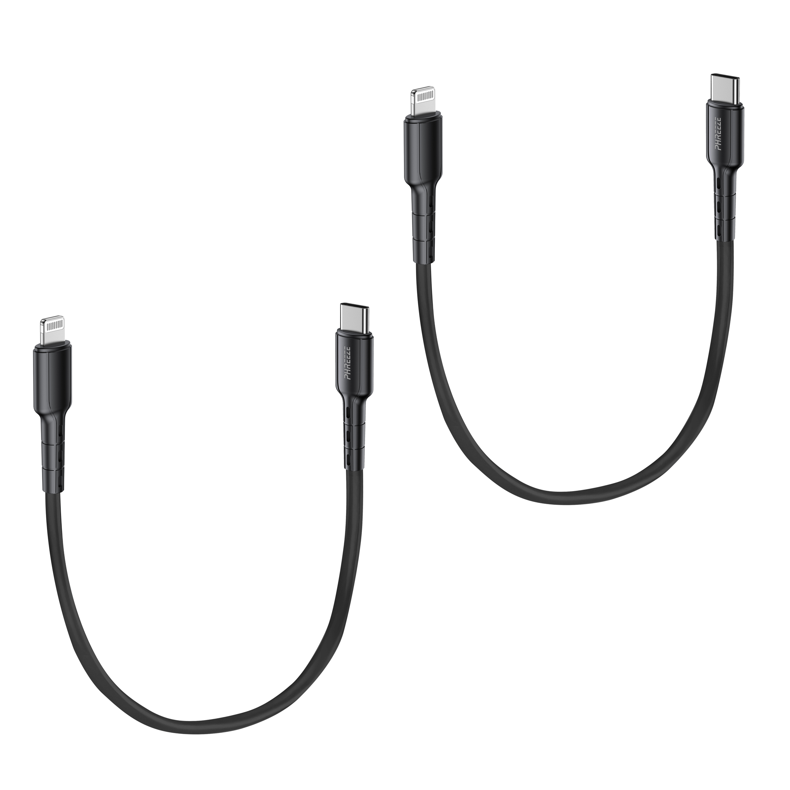 Twee zwarte oplaadkabels met verschillende connectoren op een witte achtergrond. Eén is een lightning-kabel.