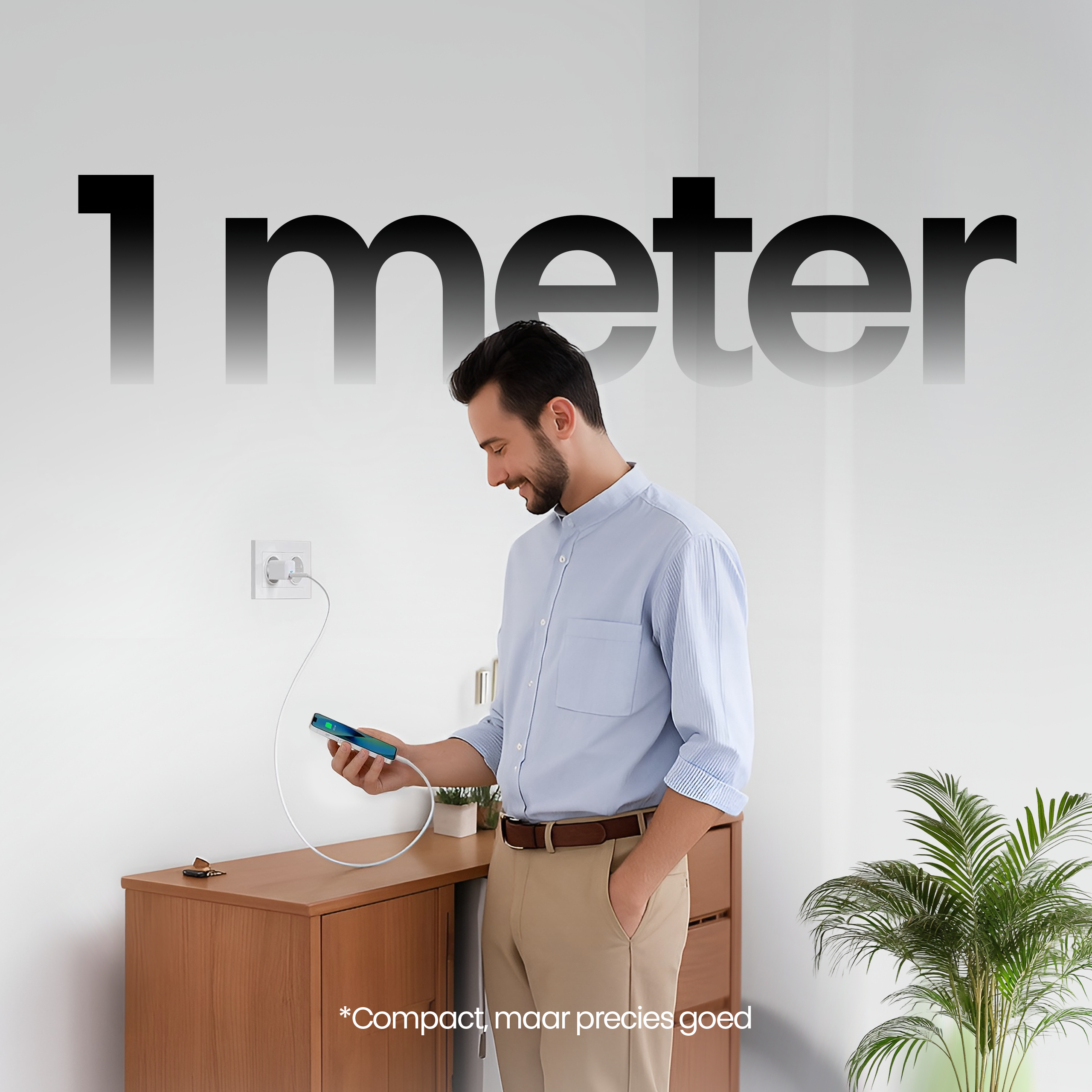 A man looks at a phone connected to a charger. The text '1 meter' is above him. A plant and a cabinet are in the scene.