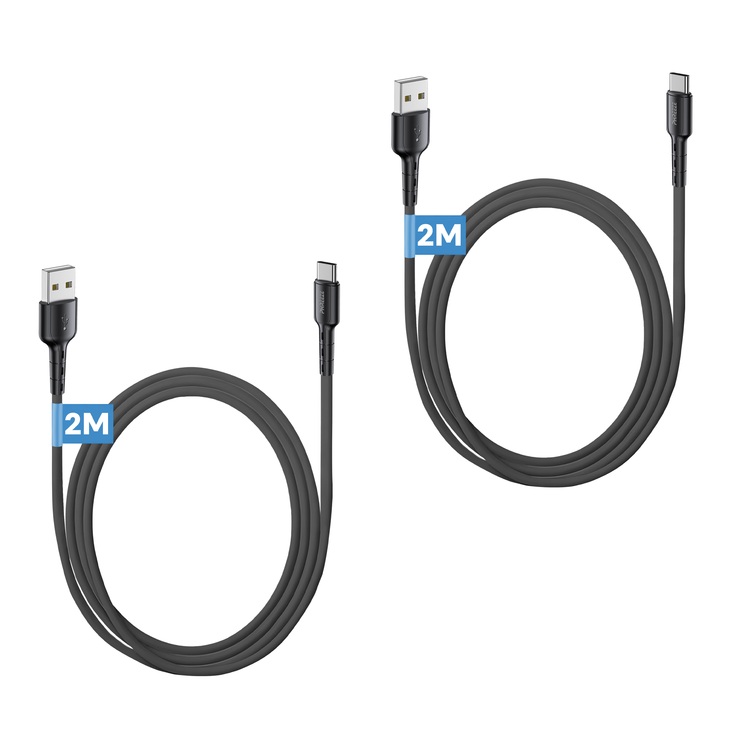 Twee zwarte USB-kabels met 2M labels tegen een witte achtergrond.