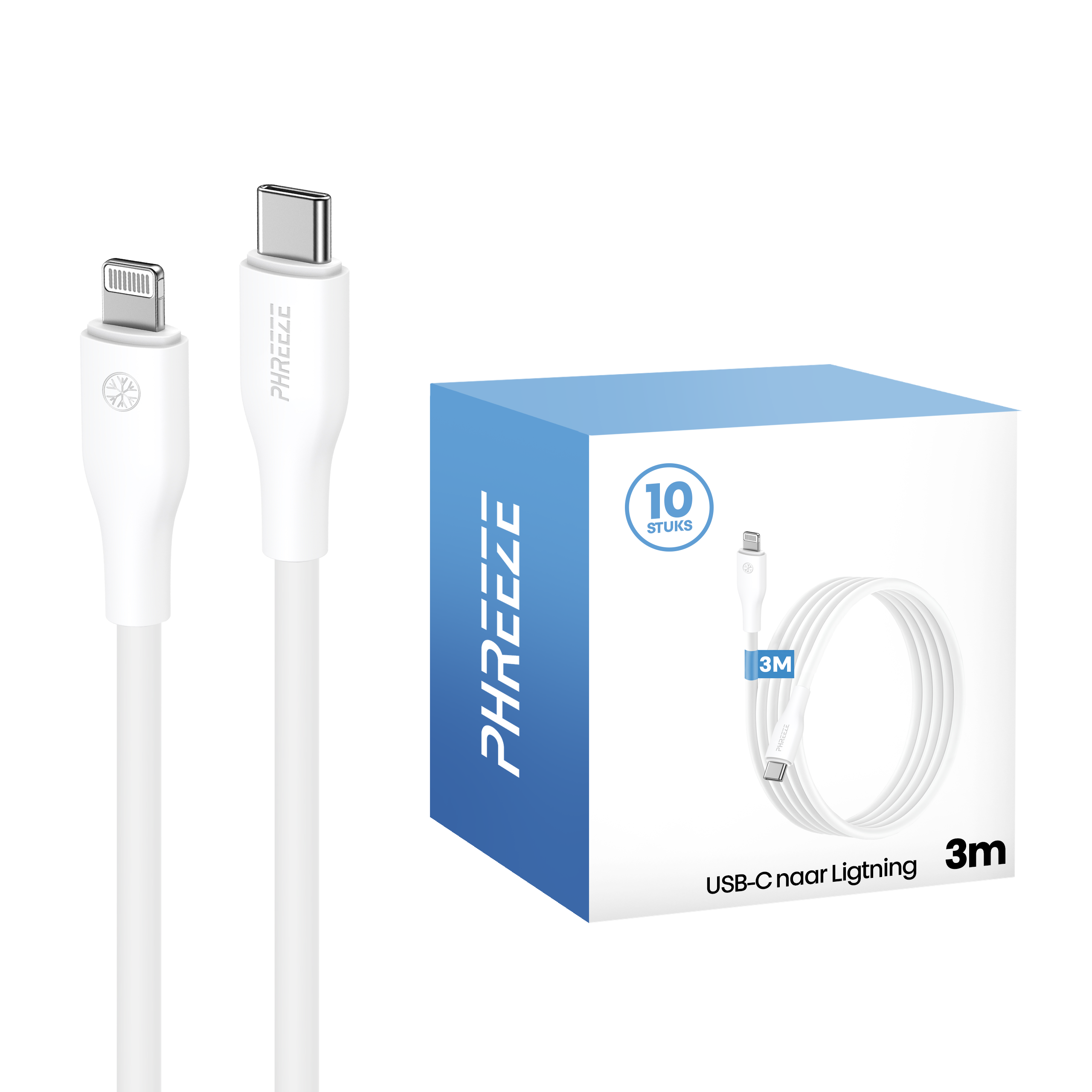 Witte USB-C naar Lightning kabel en doos. De doos is blauw, met de merknaam. De kabel is 3m lang.