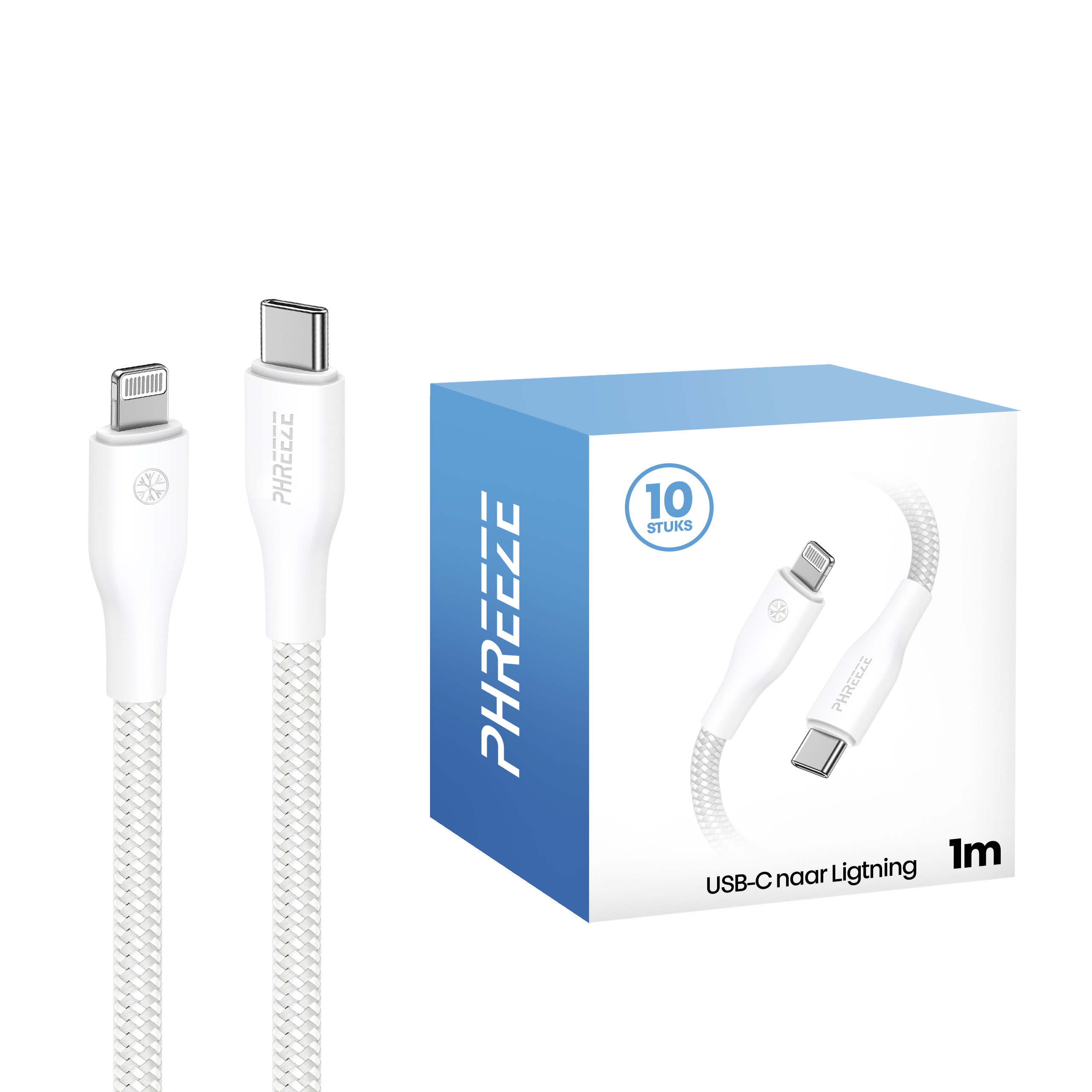 Witte USB-C naar Lightning kabels en een doos met 10 kabels. Kabels hebben een gevlochten ontwerp. Doos heeft de merknaam.