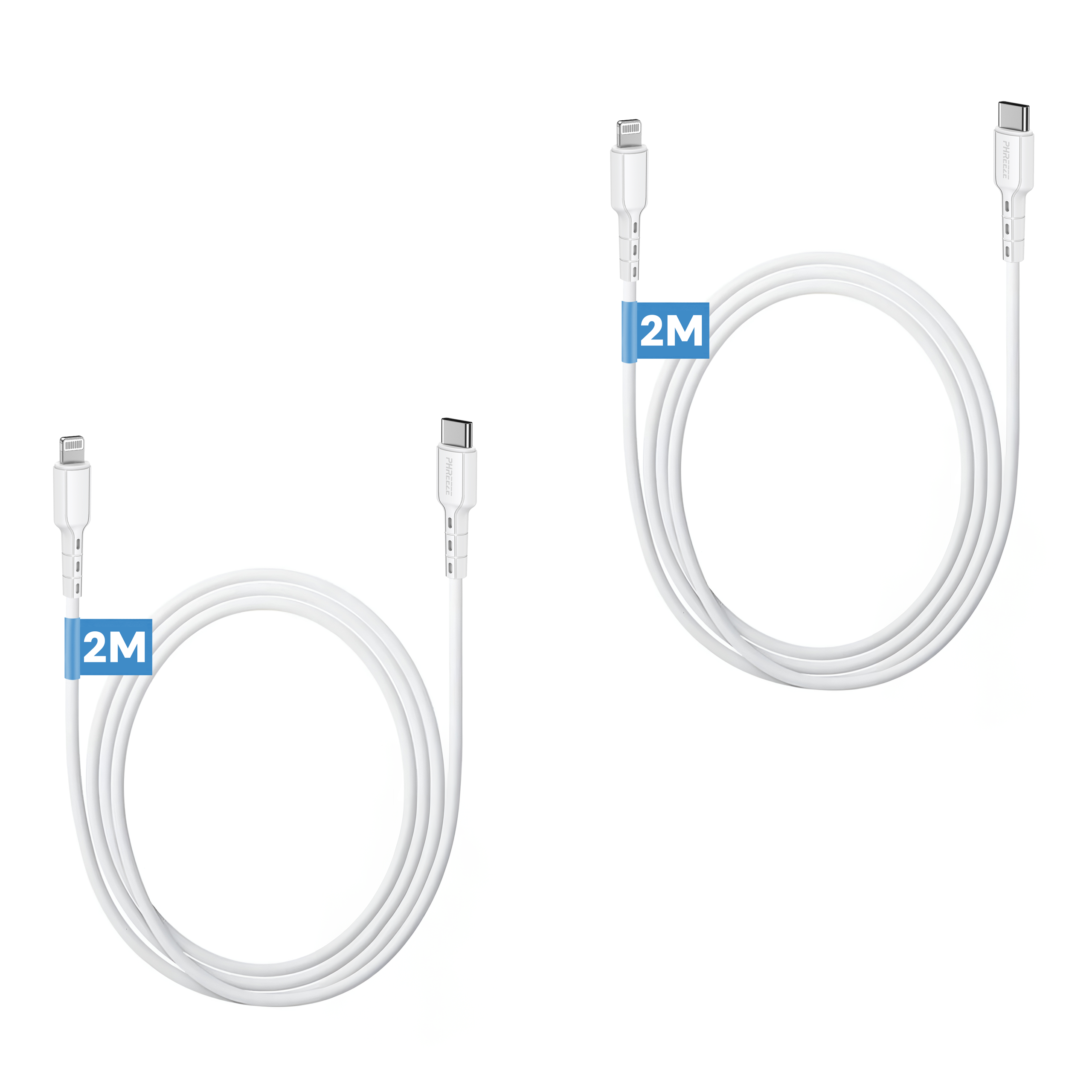 Twee witte 2M oplaadkabels op een witte achtergrond. Eén heeft een Lightning-connector, de andere USB-C.