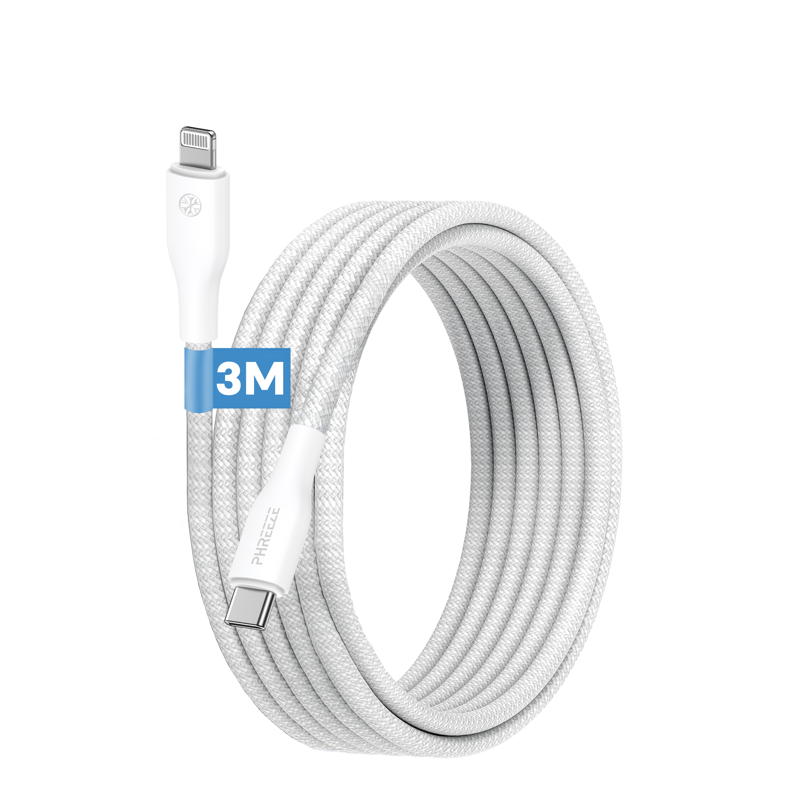 Witte gevlochten oplaadkabel met Lightning- en USB-C-connectoren, gemarkeerd 3M. PHREEZE-logo zichtbaar.