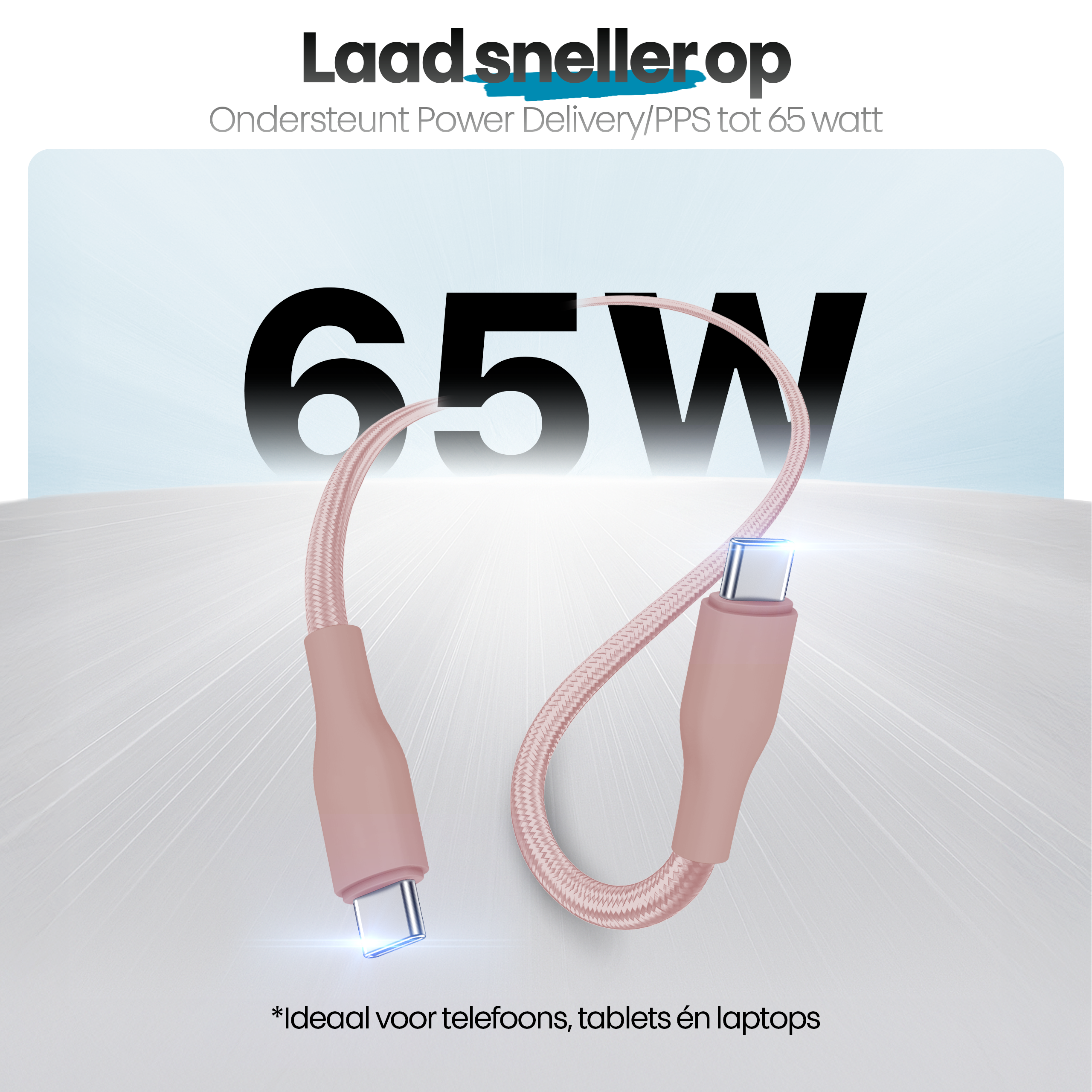 A pink USB-C cable with 65W text. Supports phones, tablets, and laptops. The background is white with light rays.