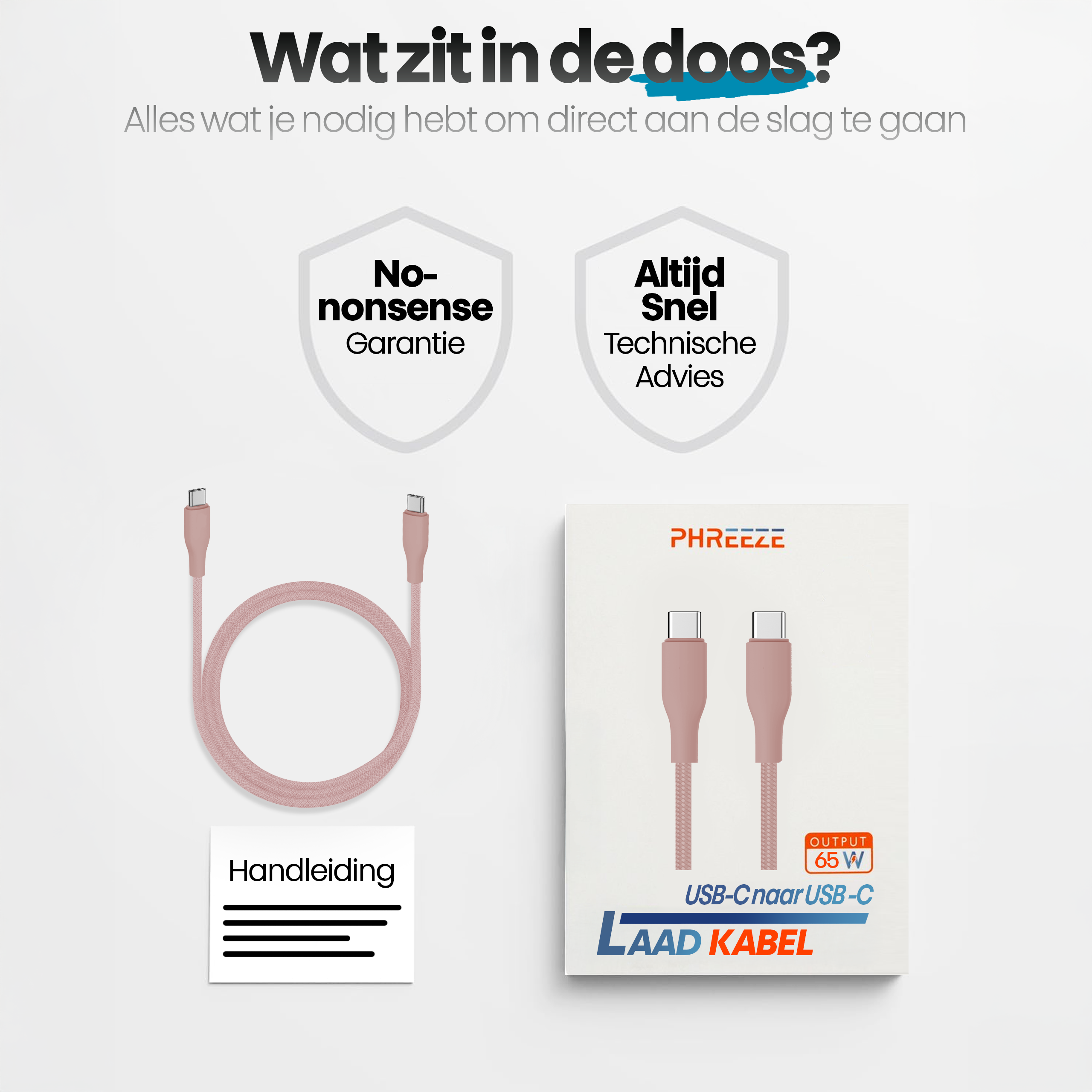 Image shows a pink USB-C cable, a box with a charger, and texts in Dutch.