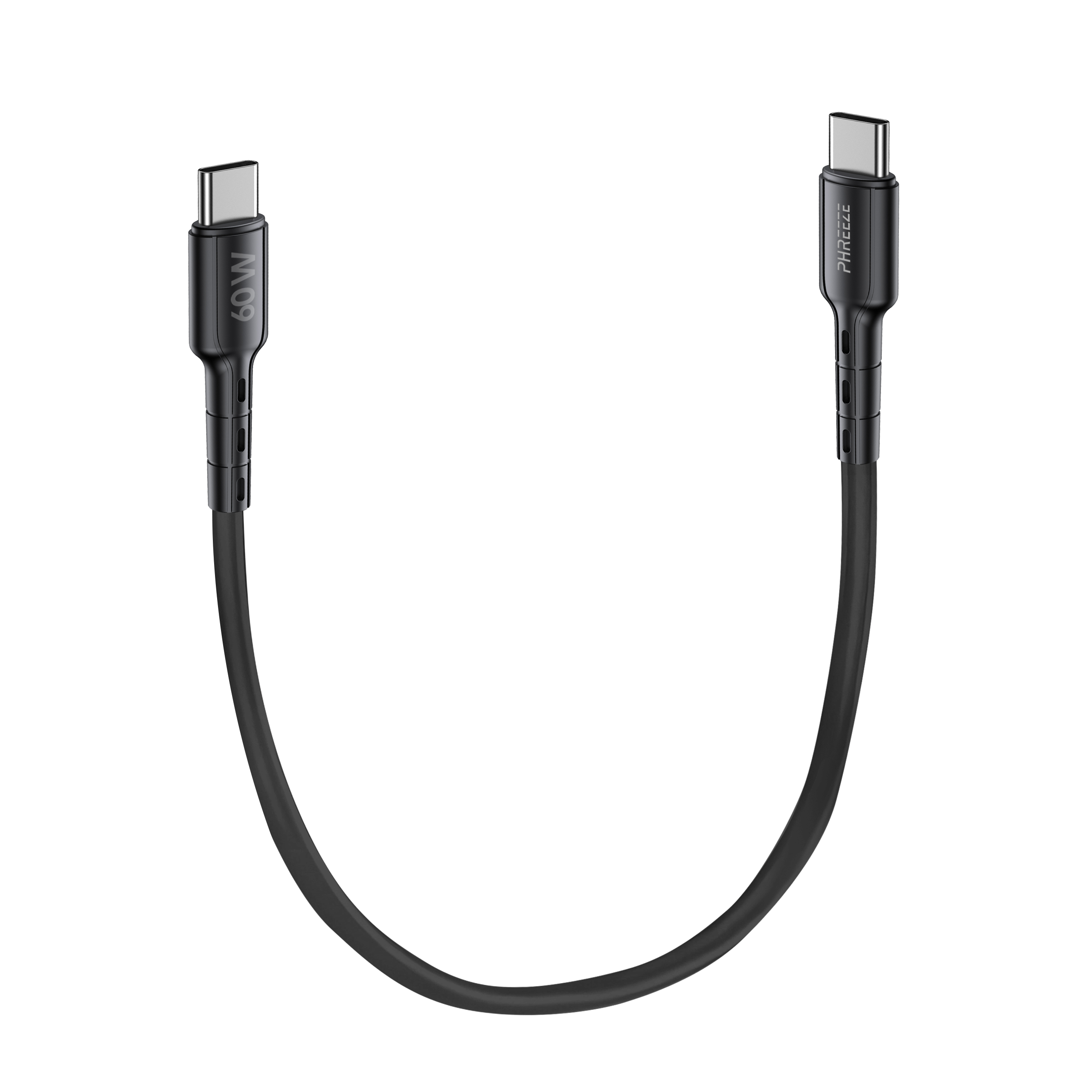 Een zwarte USB-C-kabel op witte achtergrond. Eén uiteinde zegt '60W', de andere 'PHREEZE'.