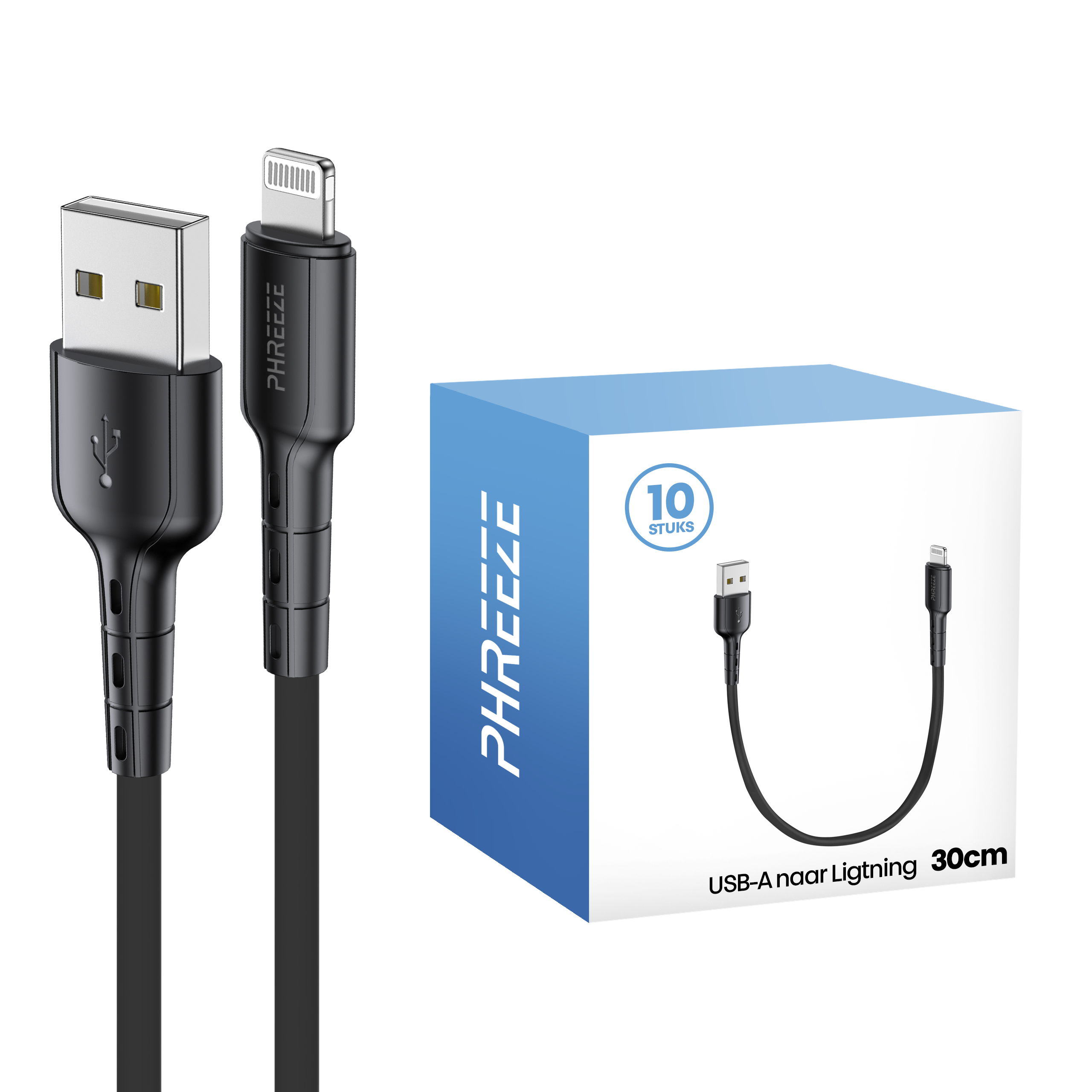 Image shows black USB-A to Lightning cables, and a box with the same cable design, marked '10 stuks'.